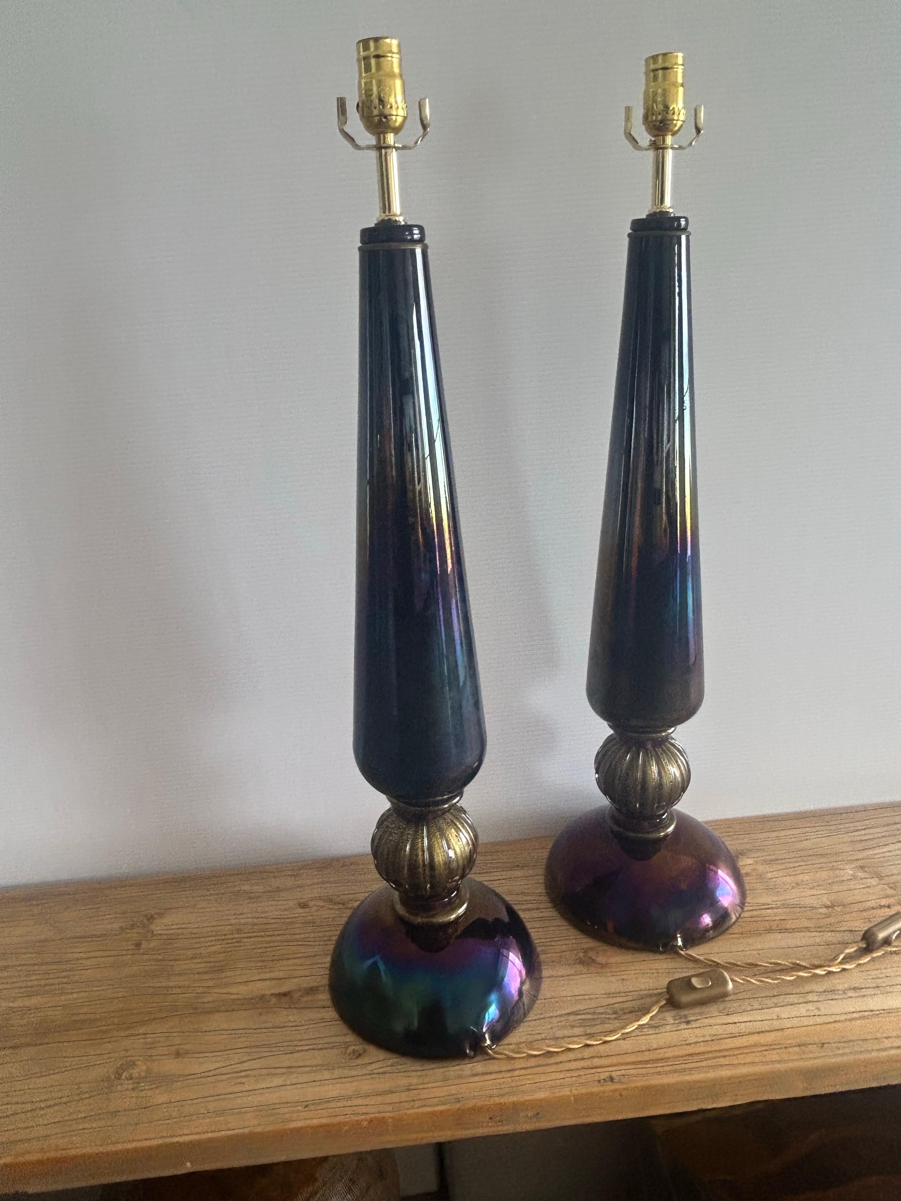 Paire de grands objets de Murano de couleur bleue.  lampes en verre . irisées et rares. en vente 12