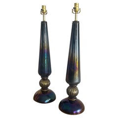 Paire de grands objets de Murano de couleur bleue.  lampes en verre . irisées et rares.
