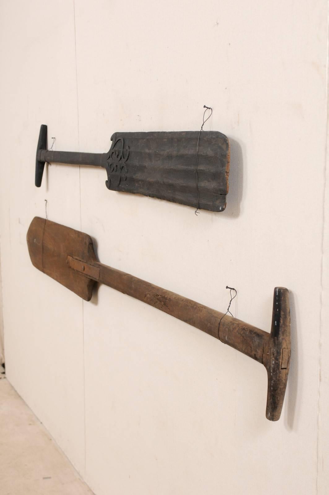 Wood Pair of Large Boating Oars from Kerala, South India with Hand-Carved Motif