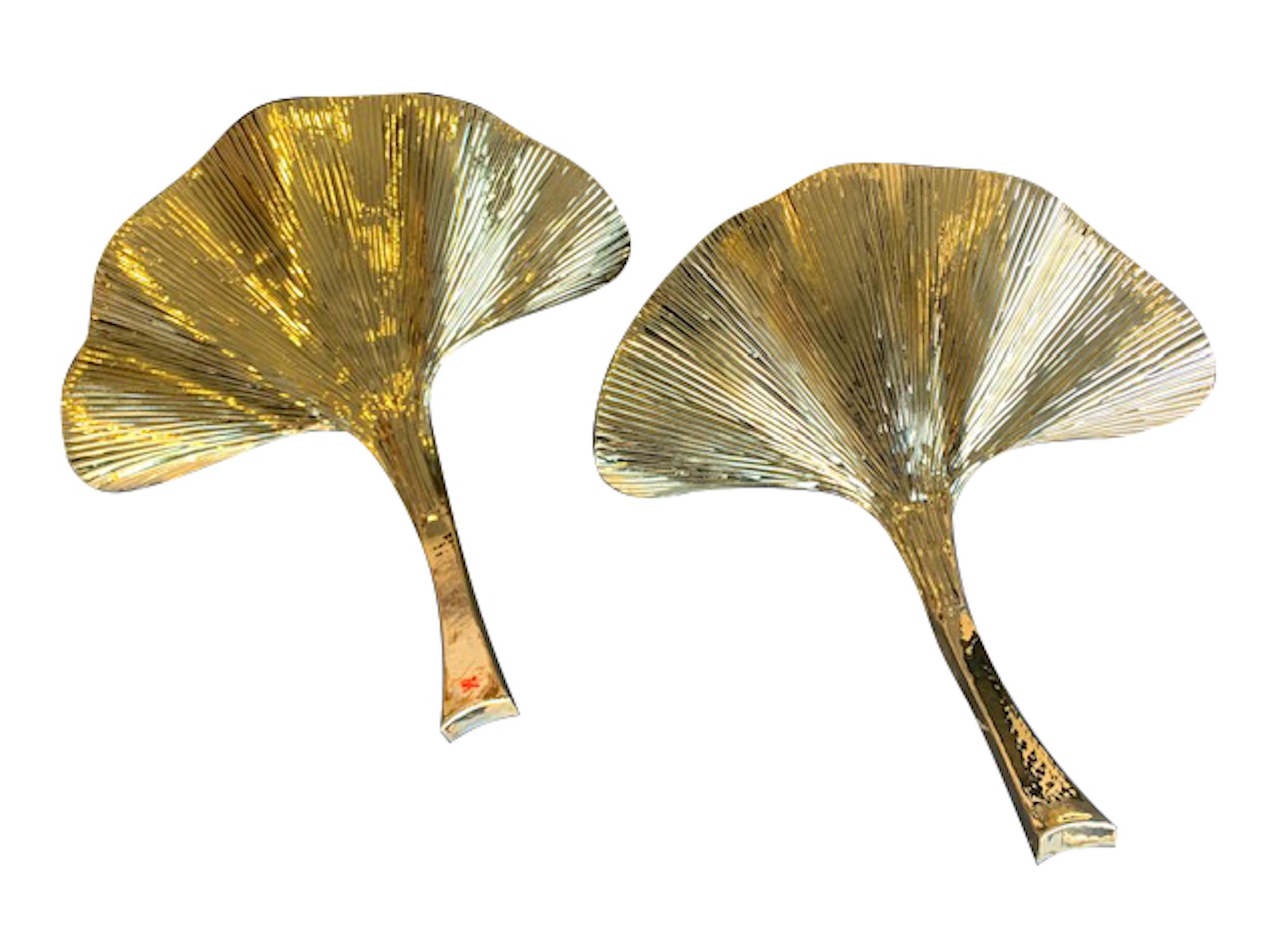 Italian Pair of Large Brass Finish Gingko Leaf Wall Sconces in the Style of Barbi