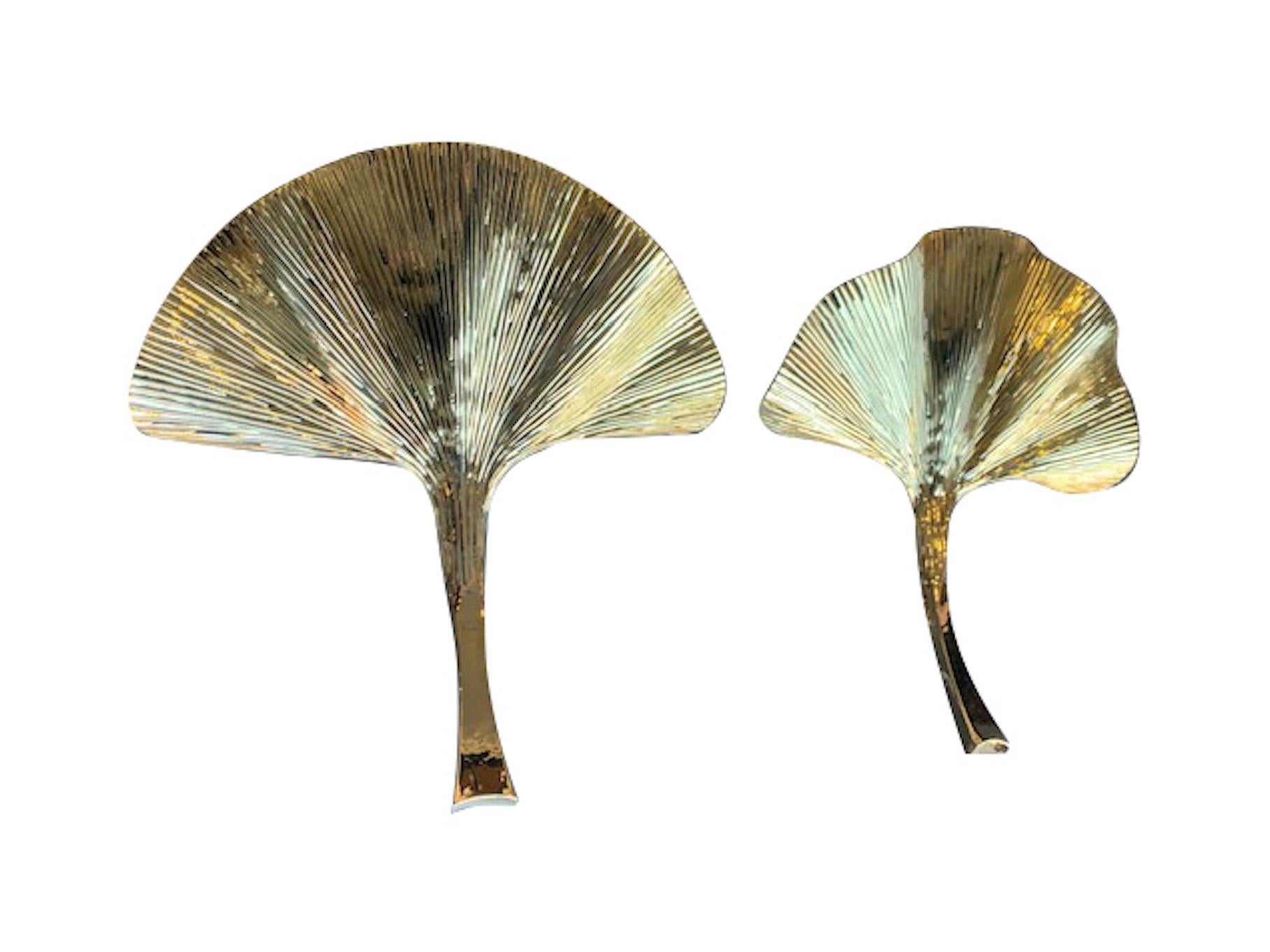 Gilt Pair of Large Brass Finish Gingko Leaf Wall Sconces in the Style of Barbi