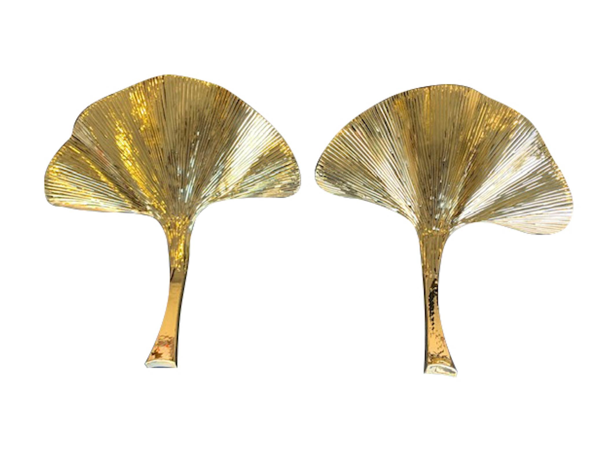 20th Century Pair of Large Brass Finish Gingko Leaf Wall Sconces in the Style of Barbi