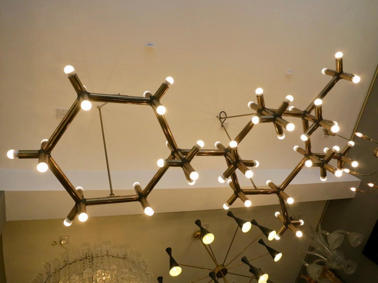 Pair Of Large Brass French Tubular Geometrical Ceiling Lights For