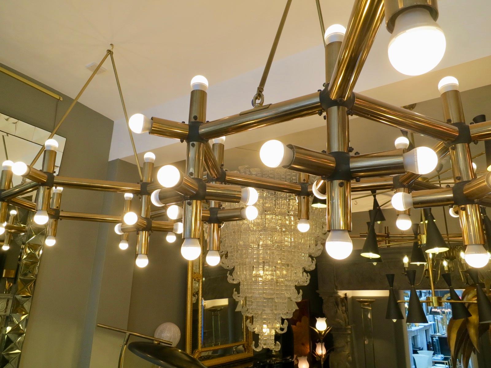 Modern Pair of Large Brass Robert Haussmann Tubular Geometrical Ceiling Lights