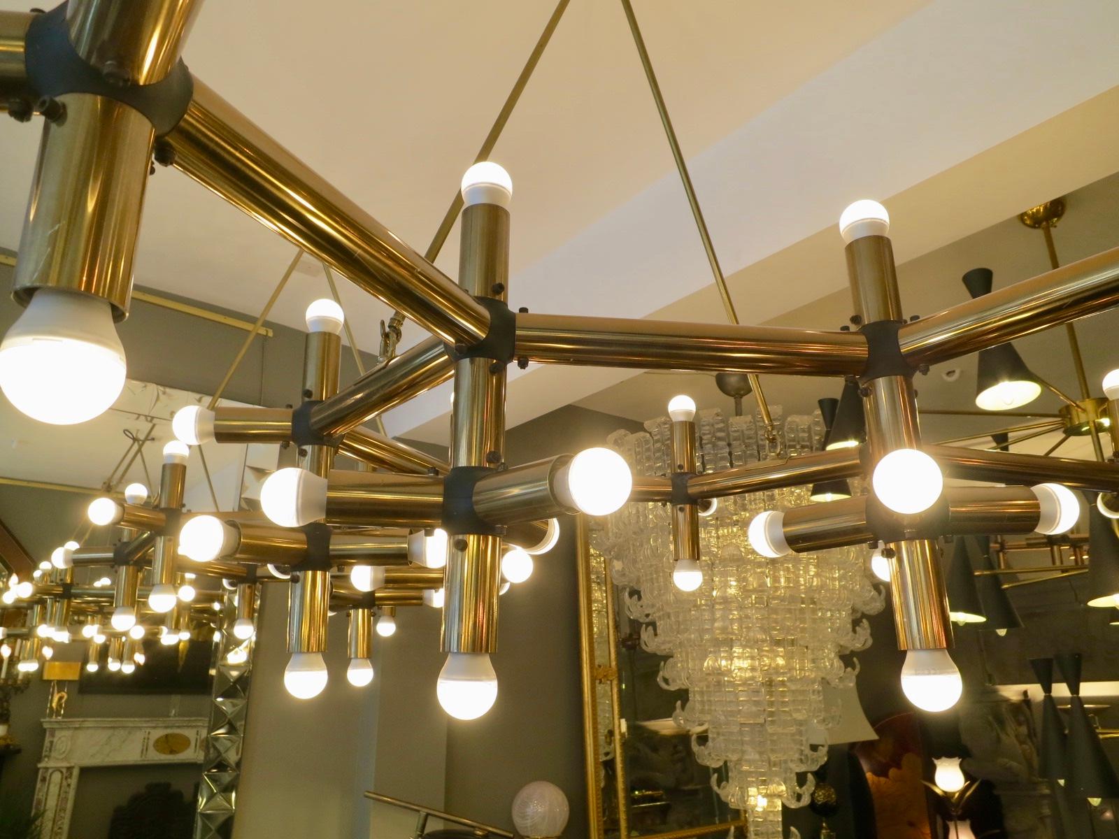 French Pair of Large Brass Robert Haussmann Tubular Geometrical Ceiling Lights