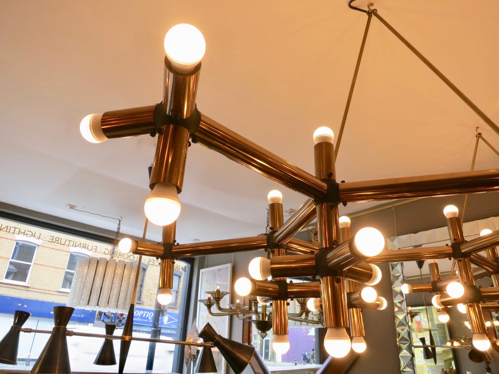 Pair of Large Brass Robert Haussmann Tubular Geometrical Ceiling Lights In Good Condition In London, GB