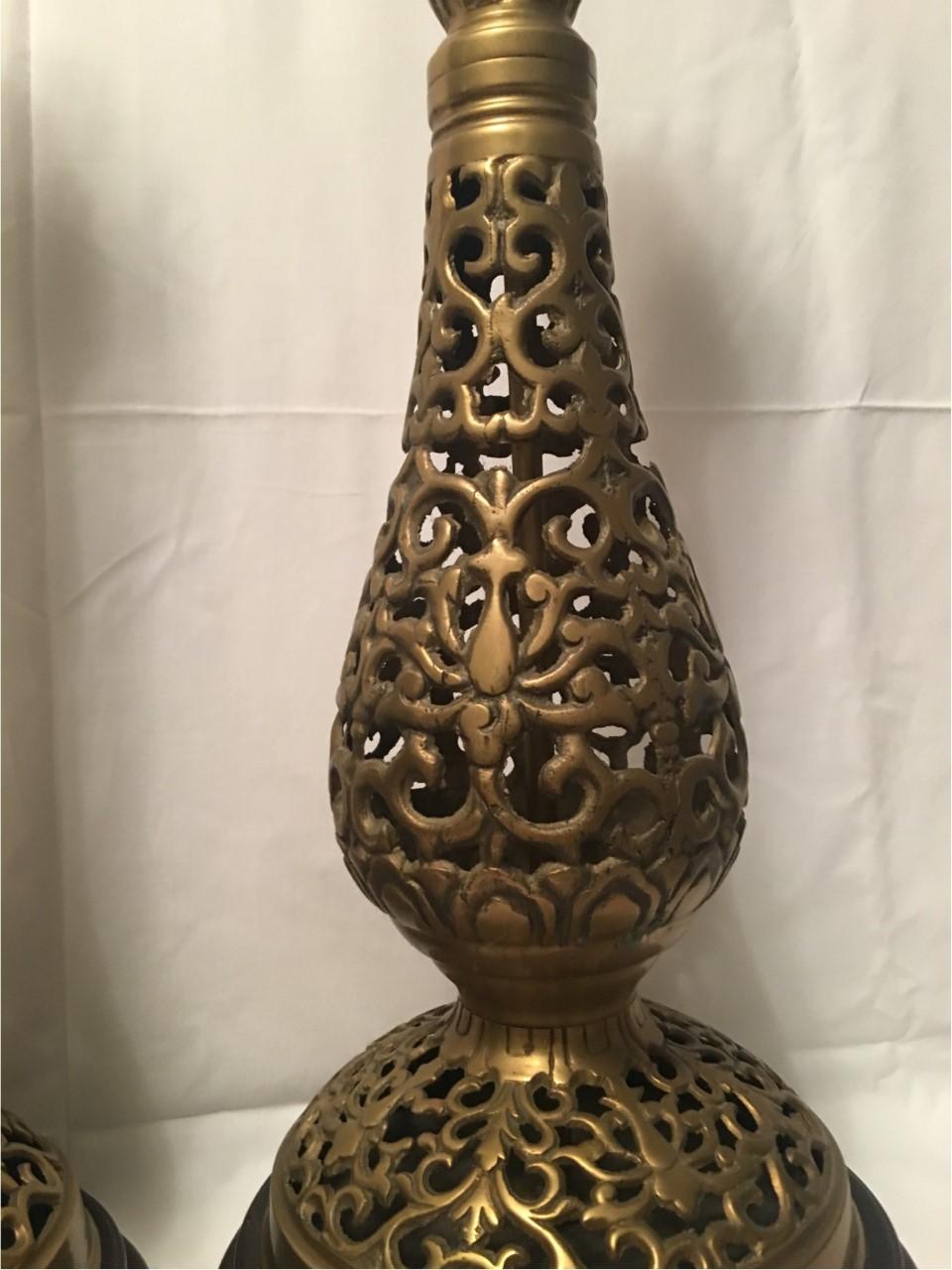 Pair of Large, Brass on Round Wood Base, Table Lamps, 1970s For Sale 6