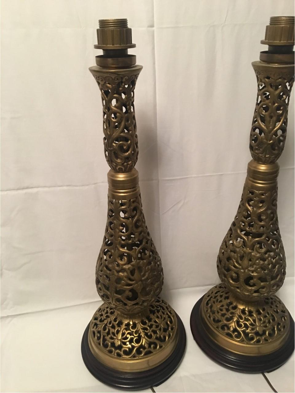 German Pair of Large, Brass on Round Wood Base, Table Lamps, 1970s For Sale