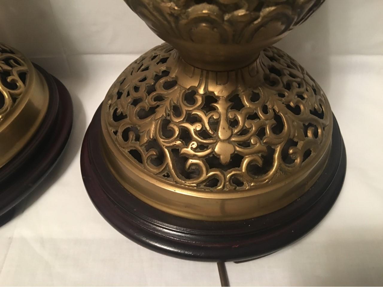 Copper Pair of Large, Brass on Round Wood Base, Table Lamps, 1970s For Sale