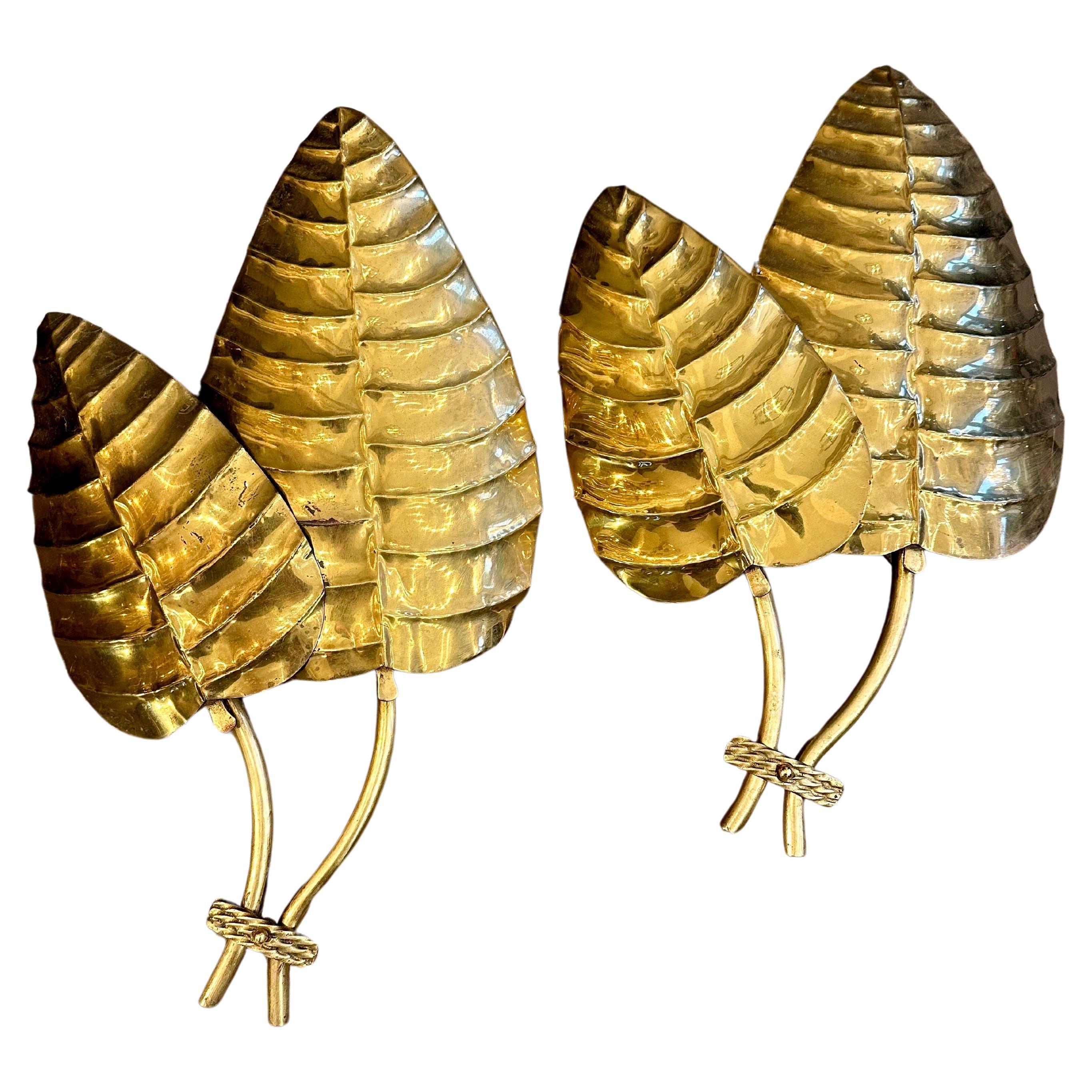 A Pair Of Large Brass Twin Palm Wall Lights  For Sale