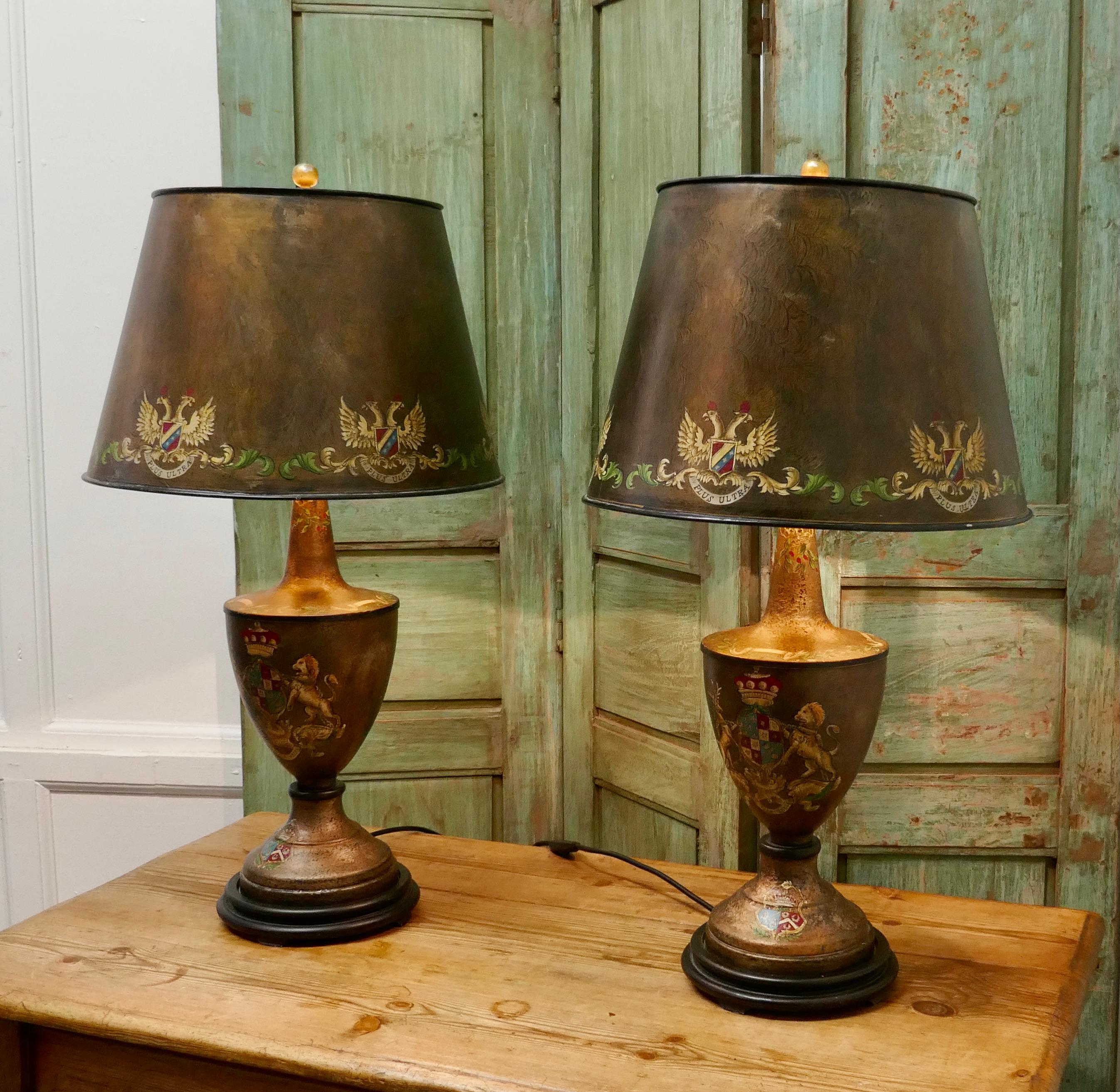 A Pair of Large Bronze Coloured Toleware Table Lamps    For Sale 4