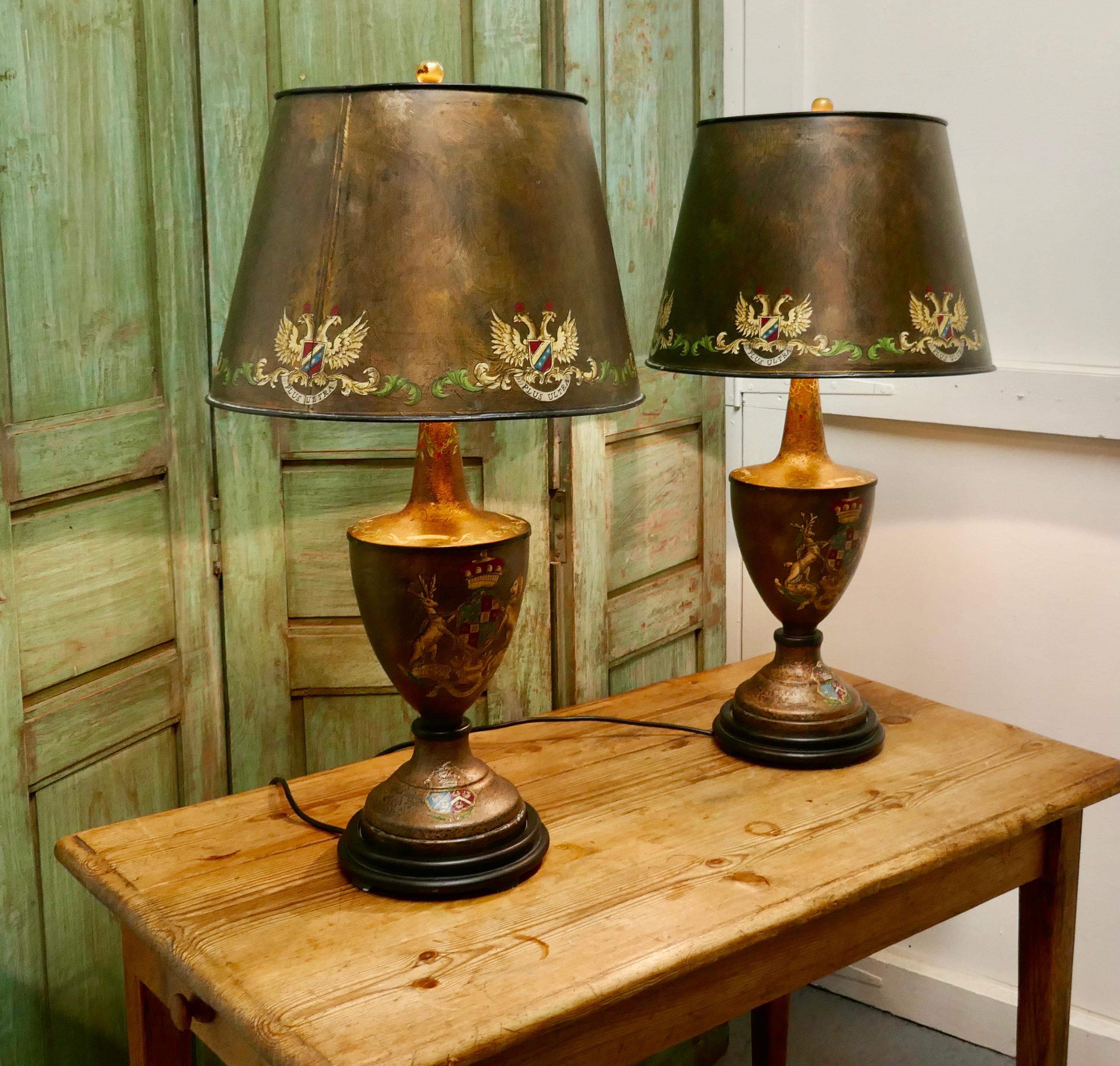 Pair of Large Bronze Colored Toleware Table Lamps In Good Condition In Chillerton, Isle of Wight
