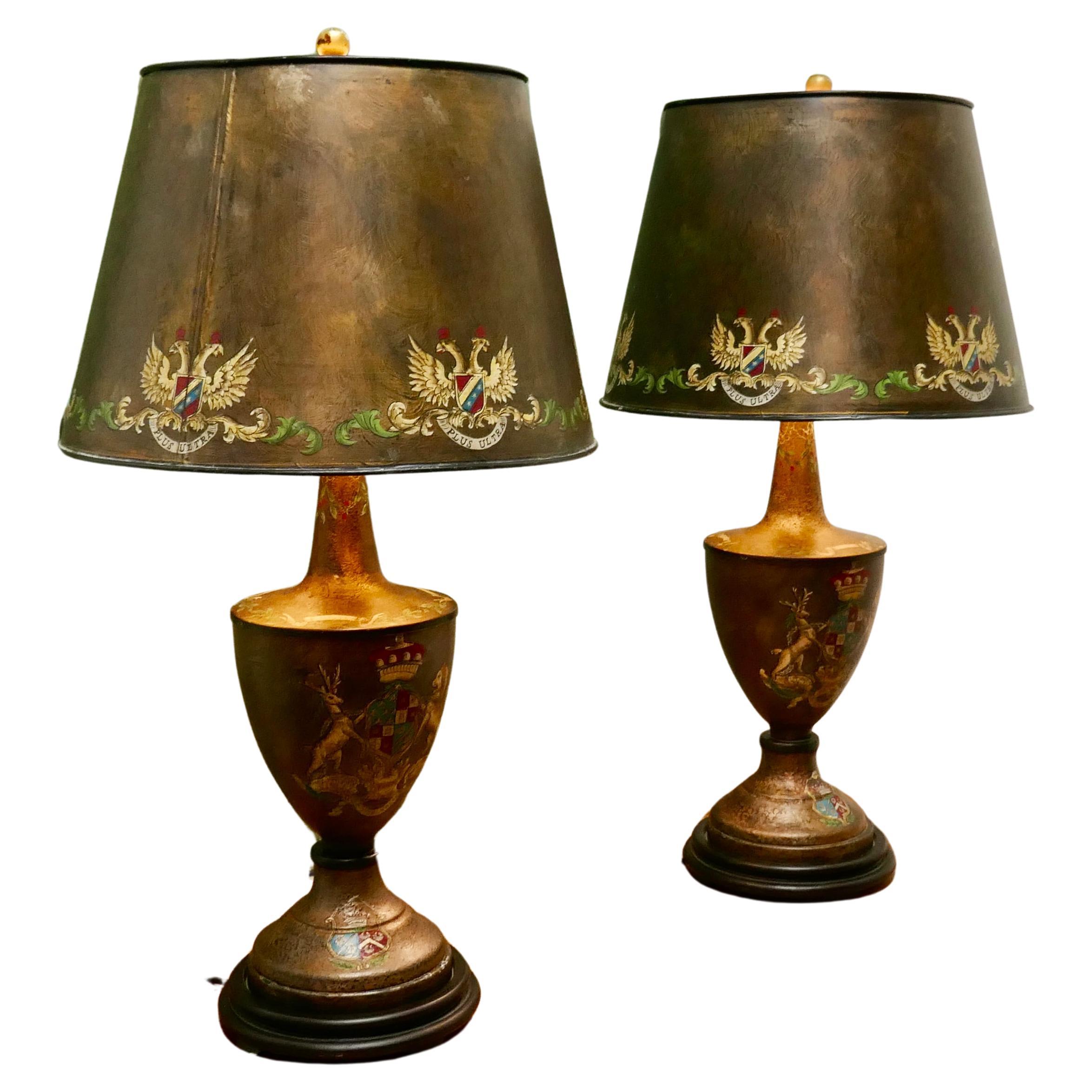 A Pair of Large Bronze Coloured Toleware Table Lamps    For Sale