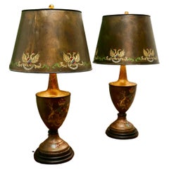 Vintage A Pair of Large Bronze Coloured Toleware Table Lamps   