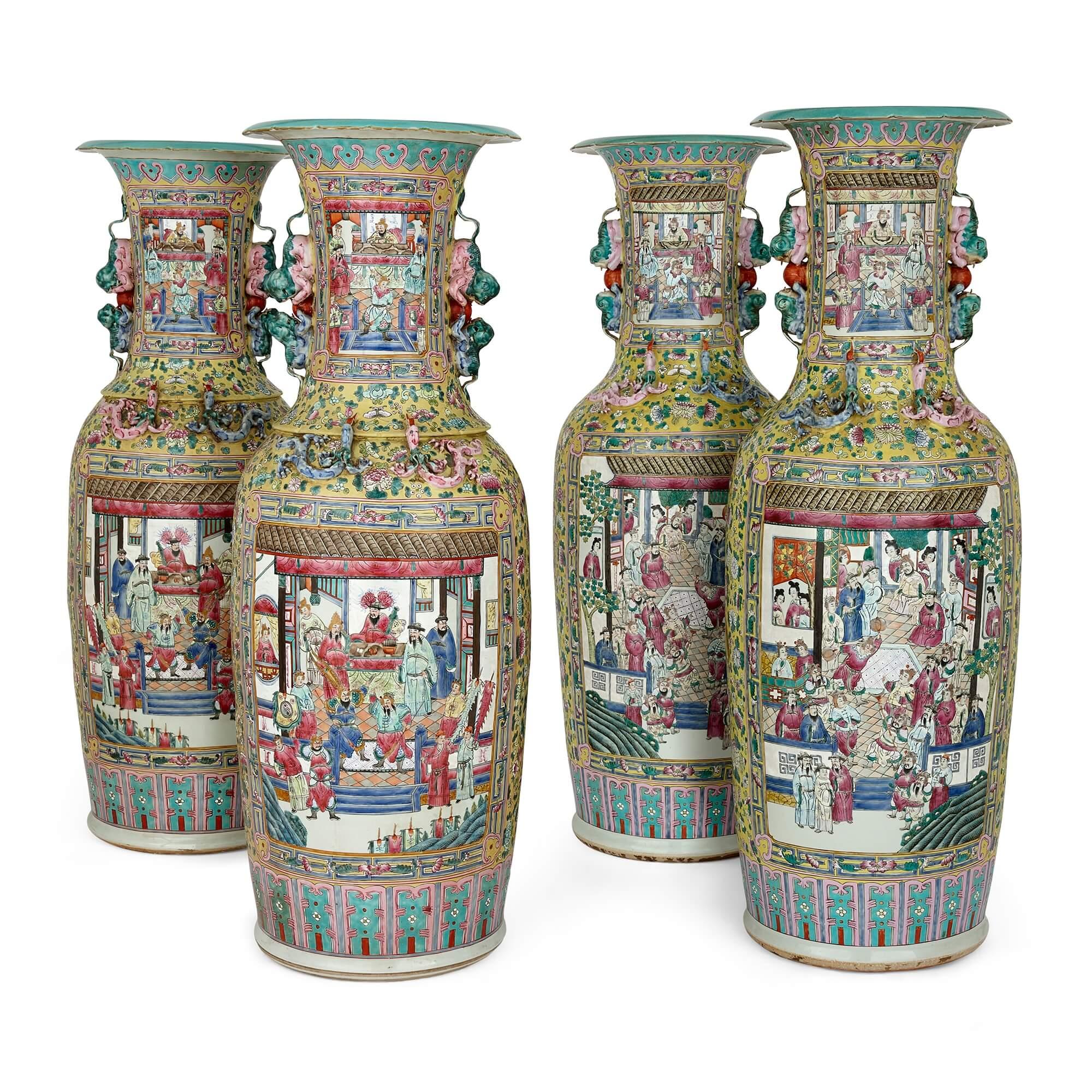 Pair of Large Canton Style Famille Jaune Porcelain Vases For Sale 4