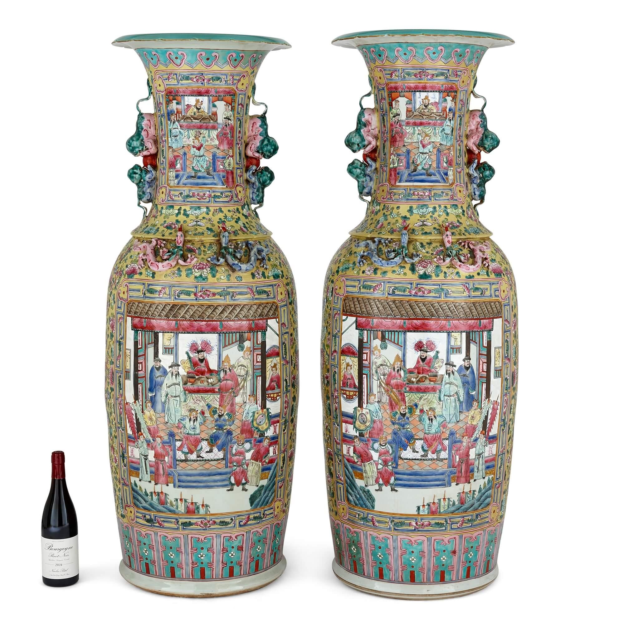 Pair of Large Canton Style Famille Jaune Porcelain Vases For Sale 3