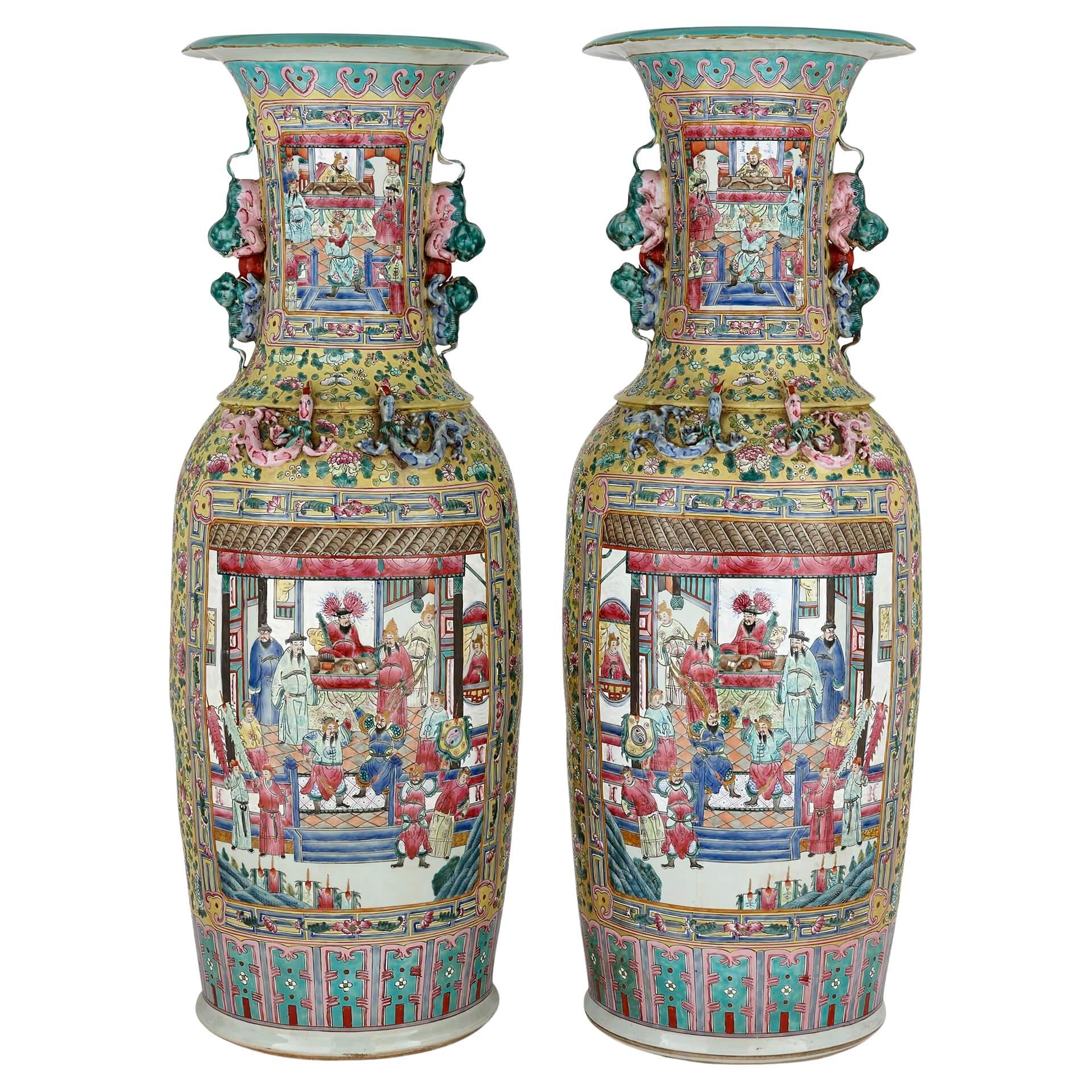 Pair of Large Canton Style Famille Jaune Porcelain Vases For Sale