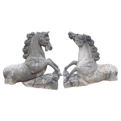 A Pair of Large Carved Limestone Horses from Veneto, Italy