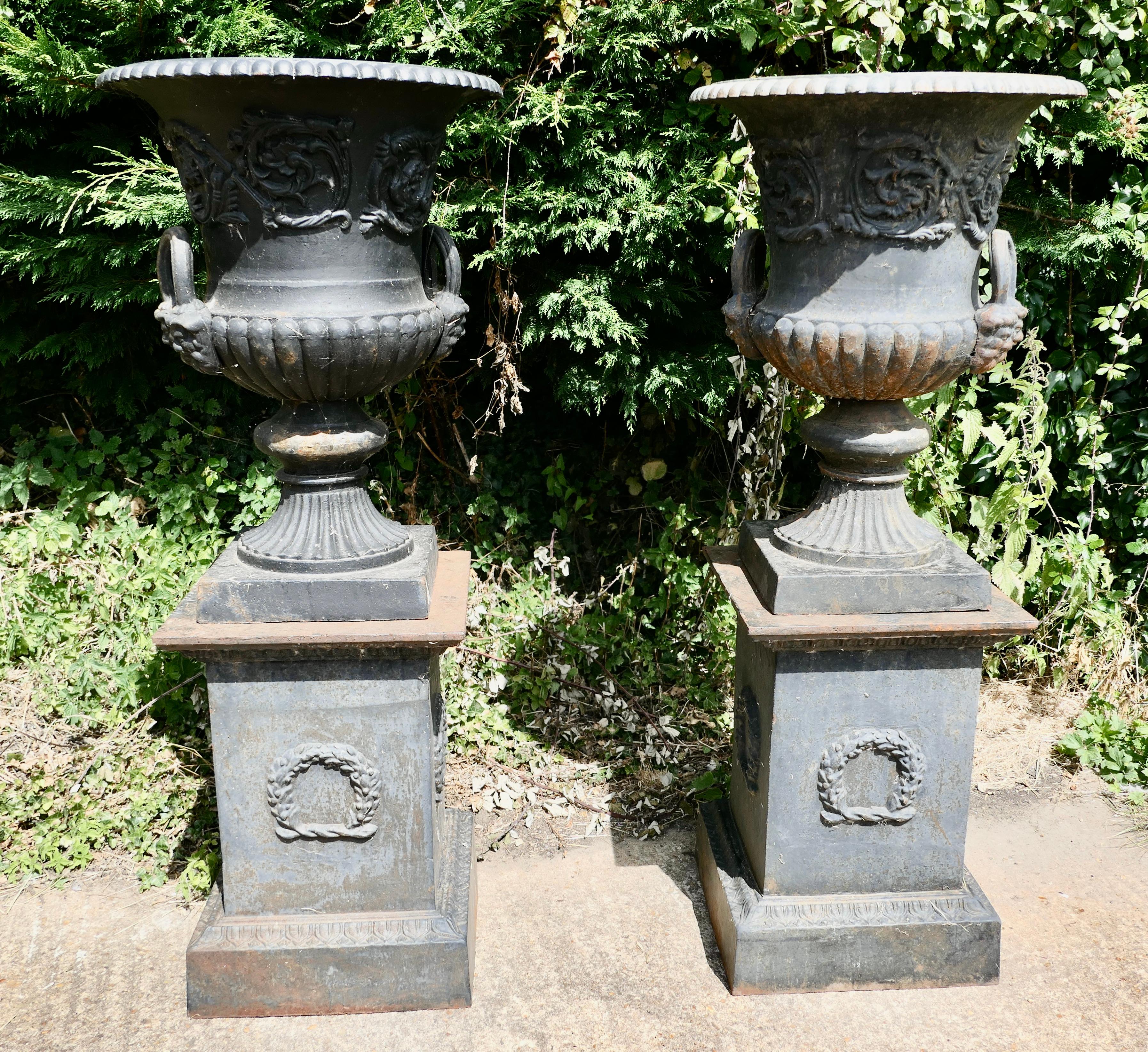 A pair of large cast iron Urns, garden planters on Plinths

This is a superb large pair of garden urns on plinths, the urns are in cast iron with a classical woven acanthus leaf design pattern and they have twin green man mask handles
The plinths