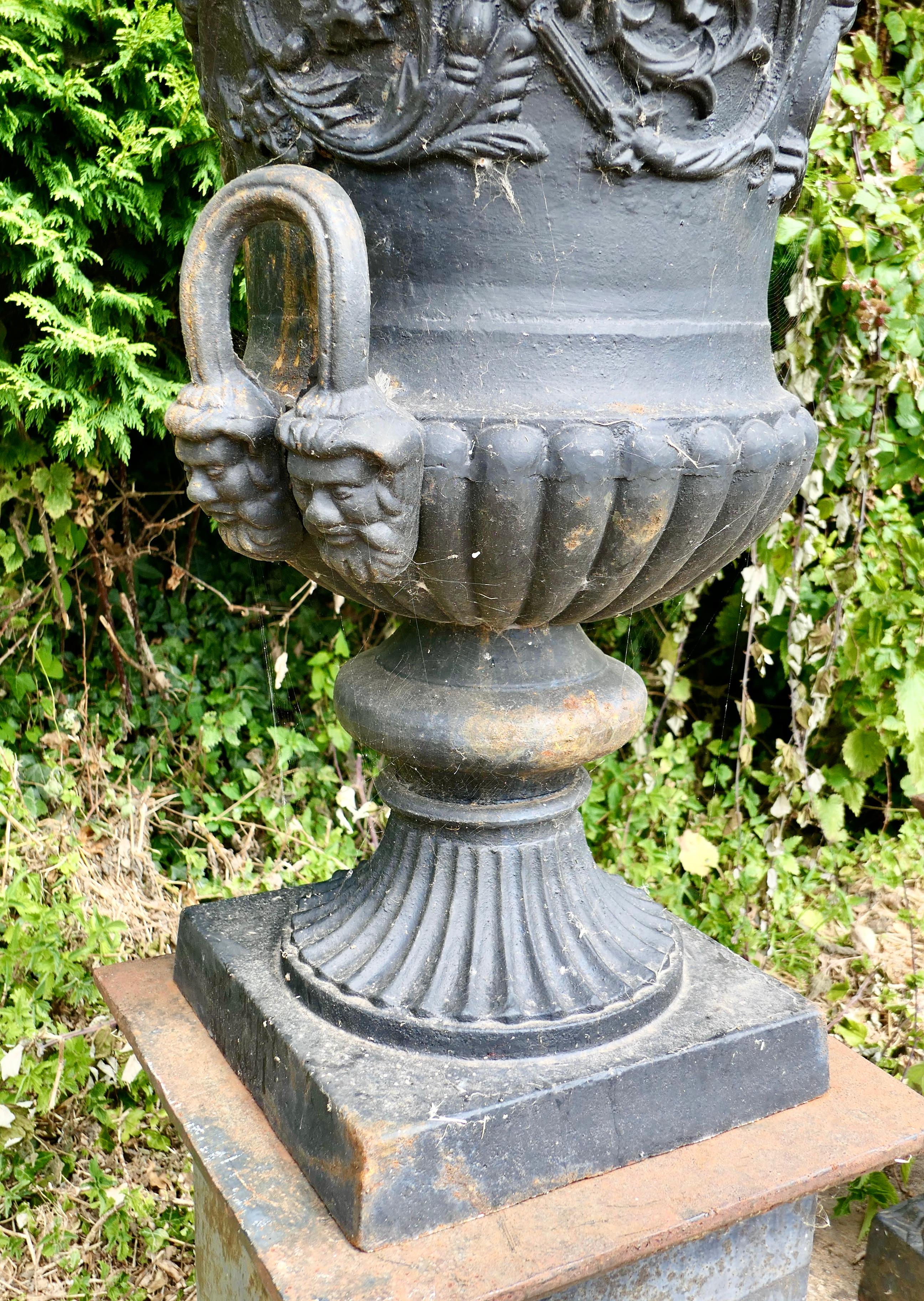 Adam Style Pair of Large Cast Iron Urns, Garden Planters on Plinths For Sale
