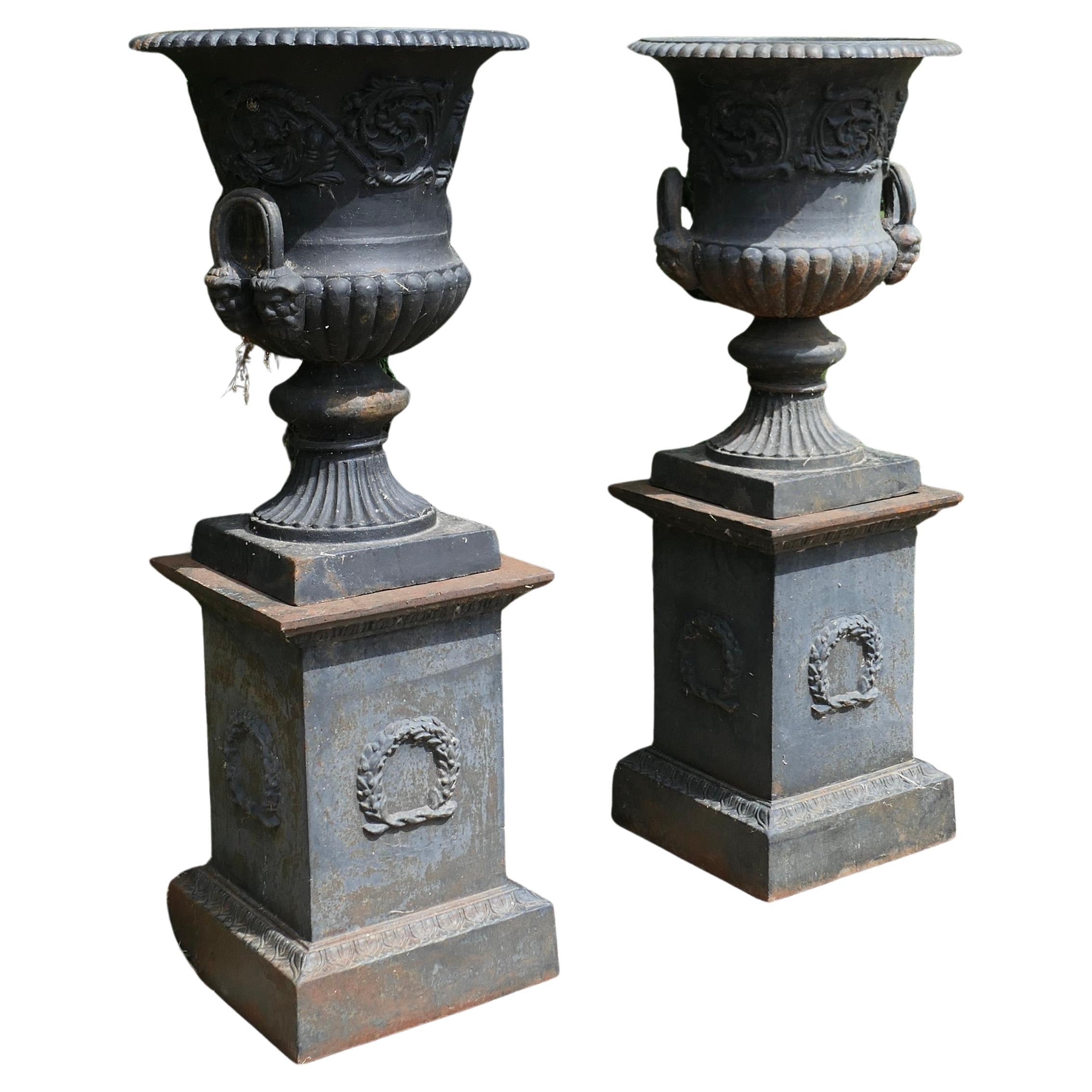 Pair of Large Cast Iron Urns, Garden Planters on Plinths For Sale