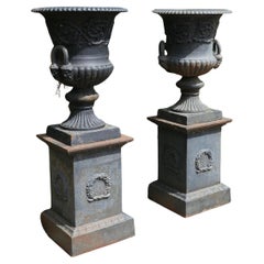 Pair of Large Cast Iron Urns, Garden Planters on Plinths