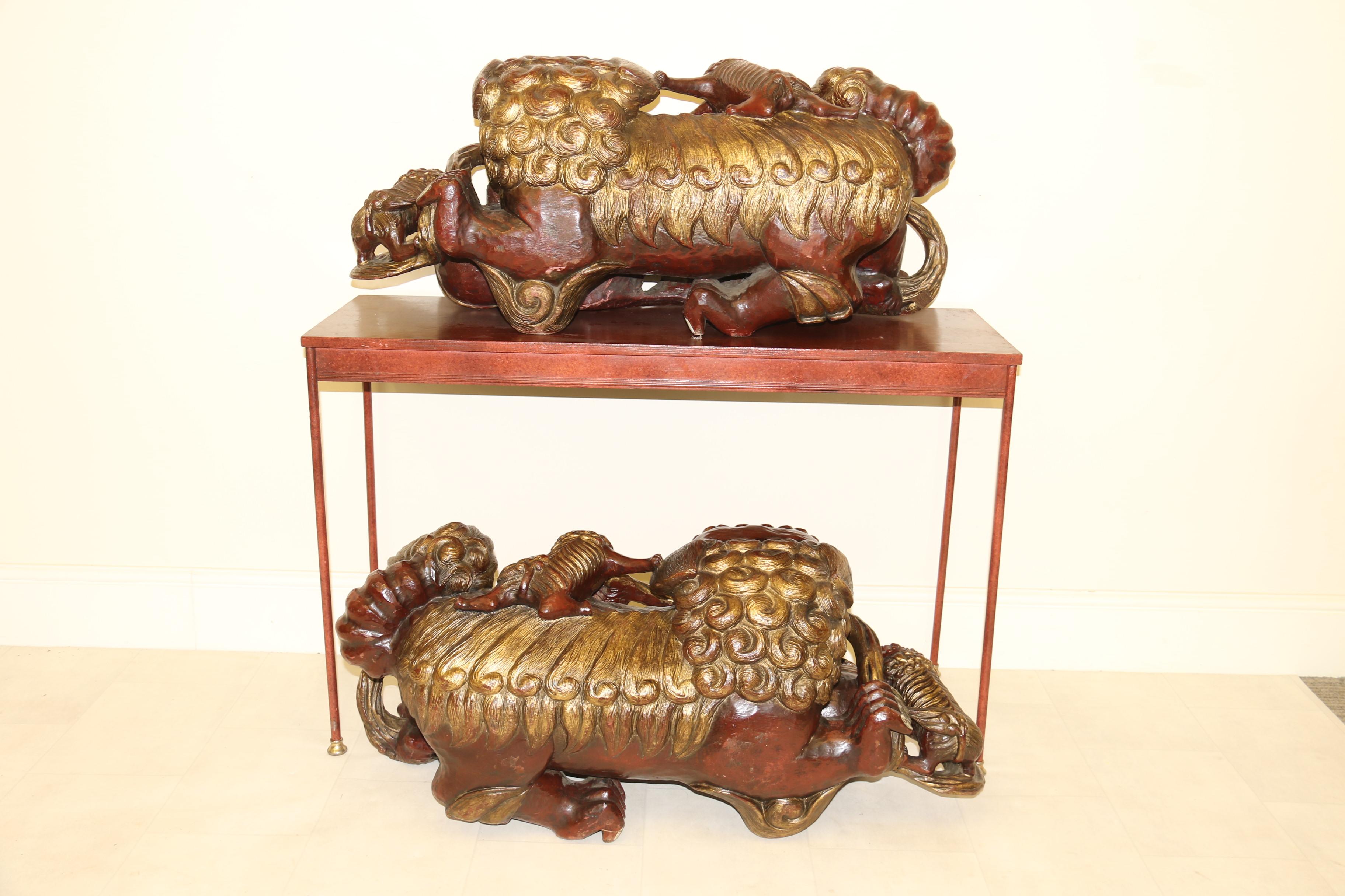 A Pair of 19th century hardwood Chinese Mythical Beasts/Dogs of Foo on Stands  For Sale 6
