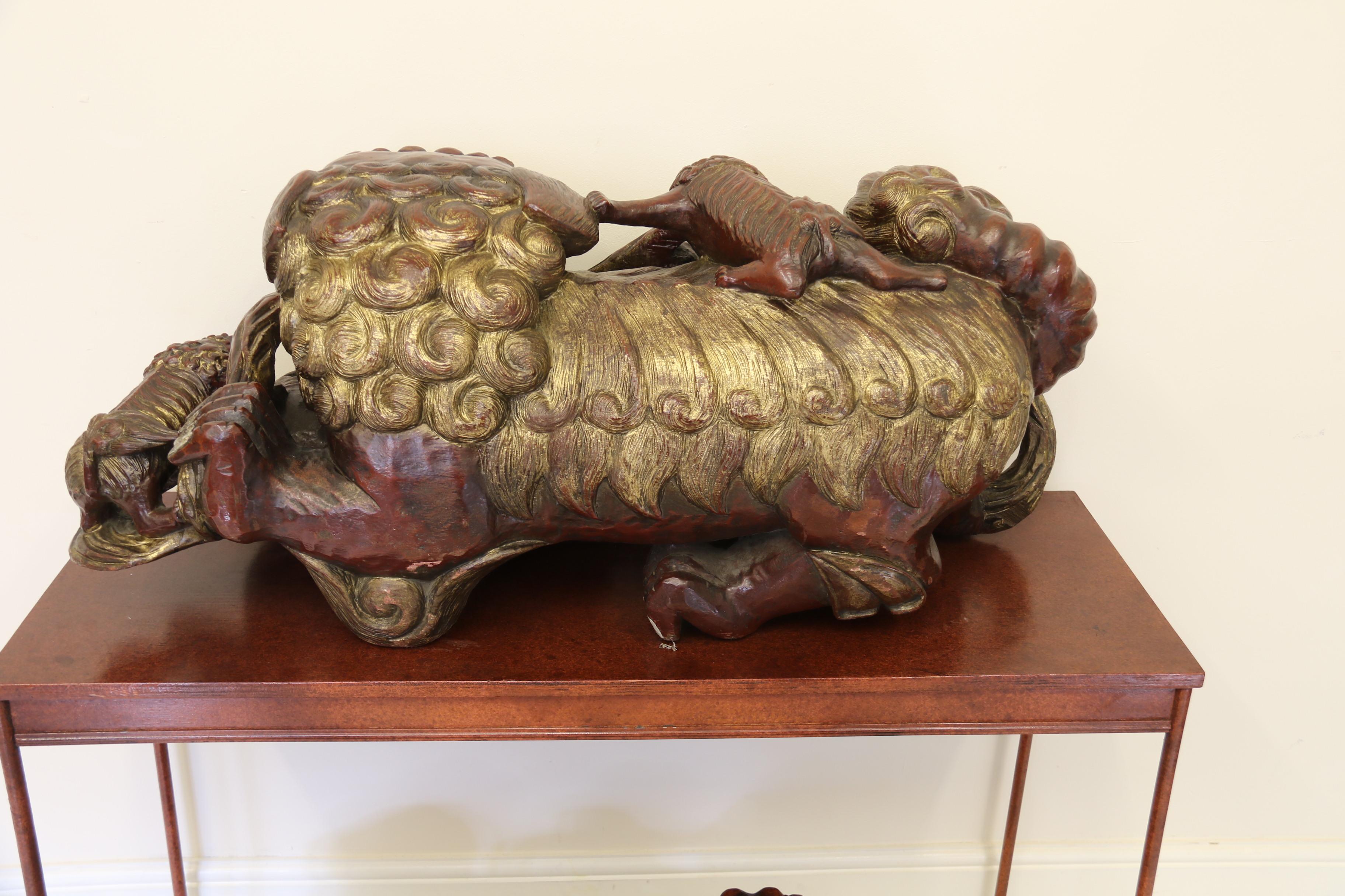 A Pair of 19th century hardwood Chinese Mythical Beasts/Dogs of Foo on Stands  For Sale 8