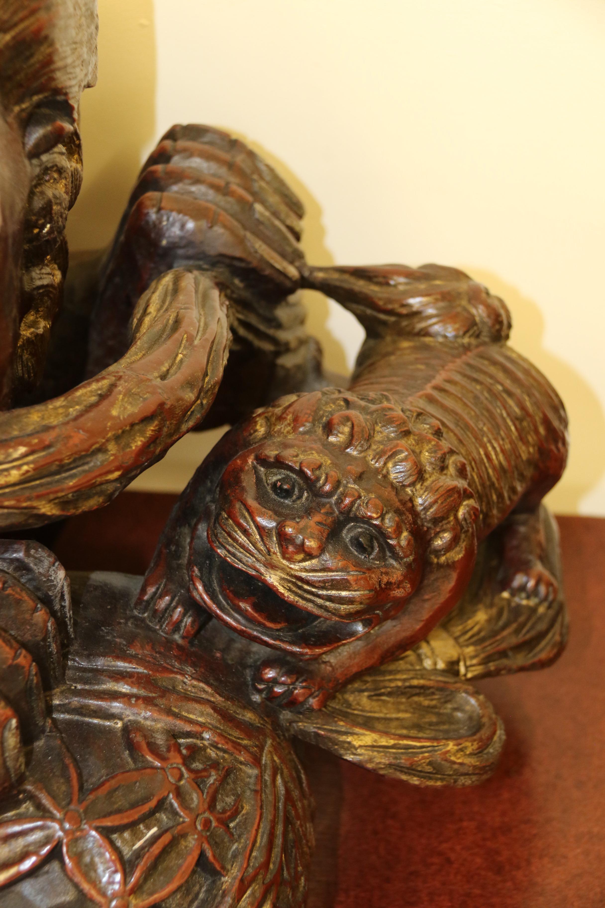 A Pair of 19th century hardwood Chinese Mythical Beasts/Dogs of Foo on Stands  For Sale 2