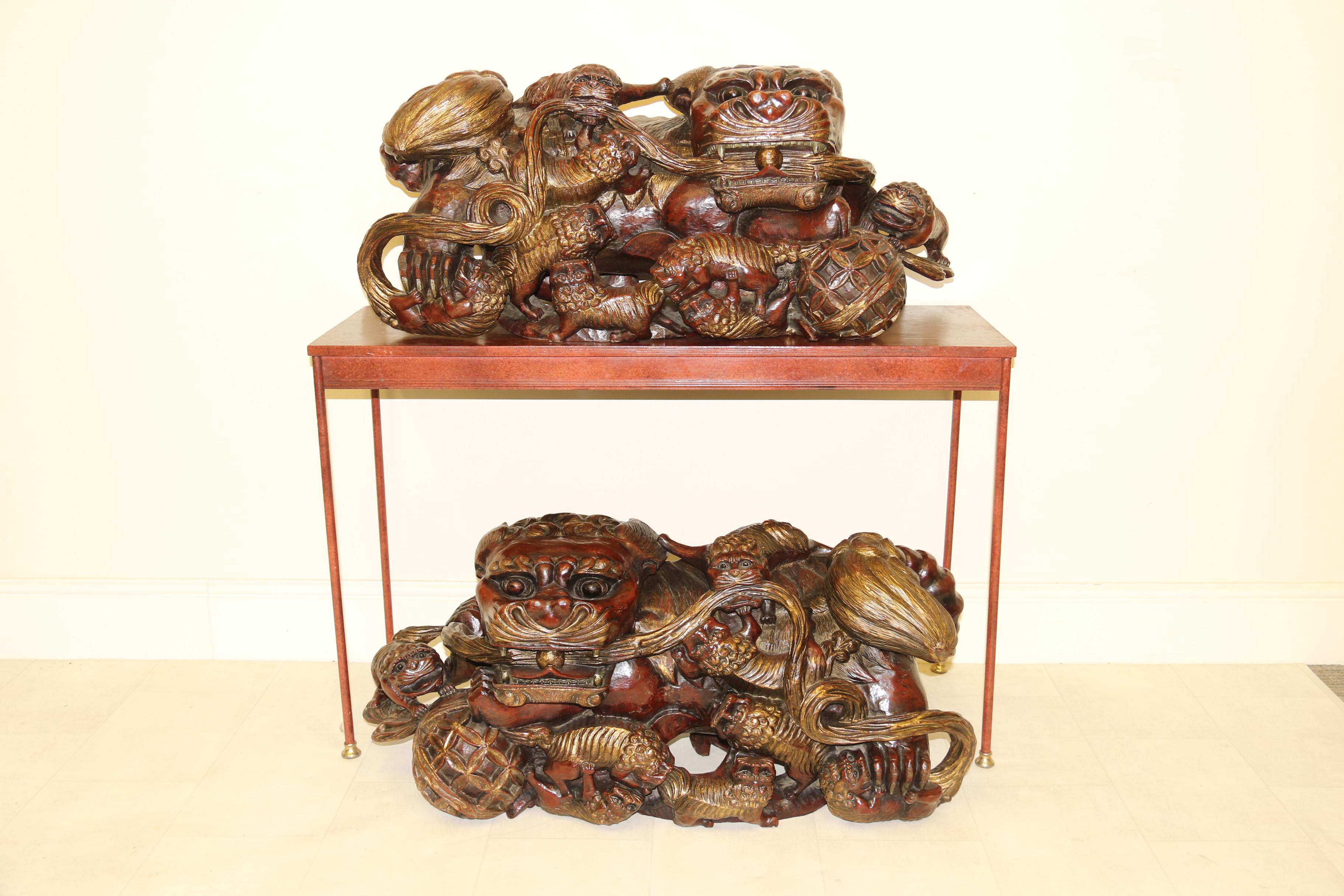 A Pair of 19th century hardwood Chinese Mythical Beasts/Dogs of Foo on Stands  For Sale 3
