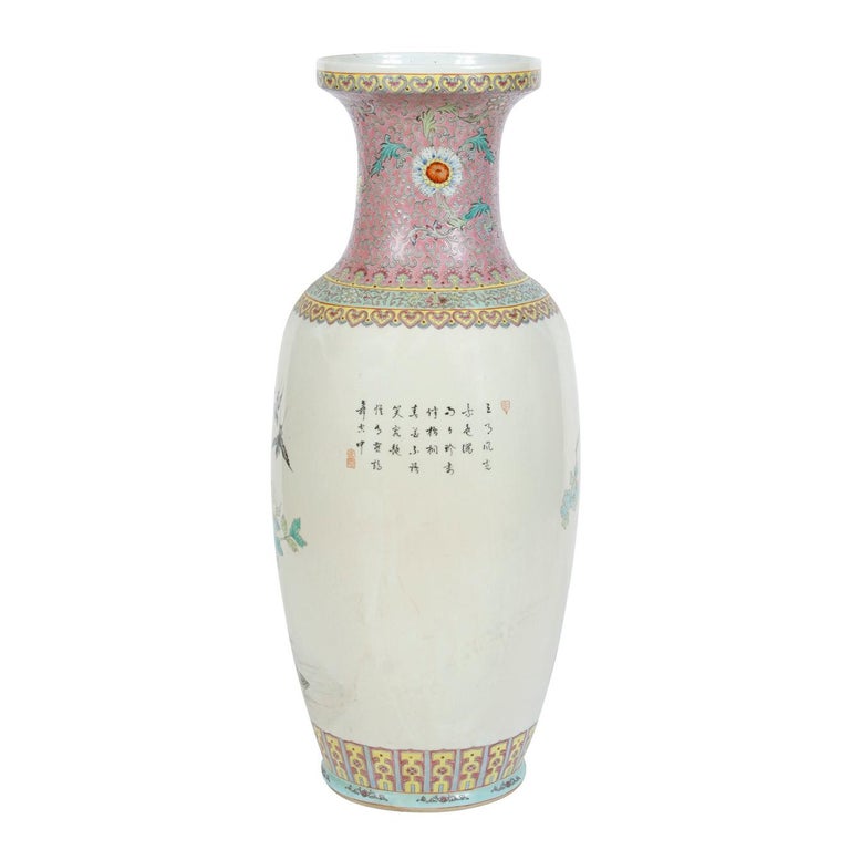 Chinoiserie Pair of Large Chinese Export Pink Vases with Peacocks For Sale