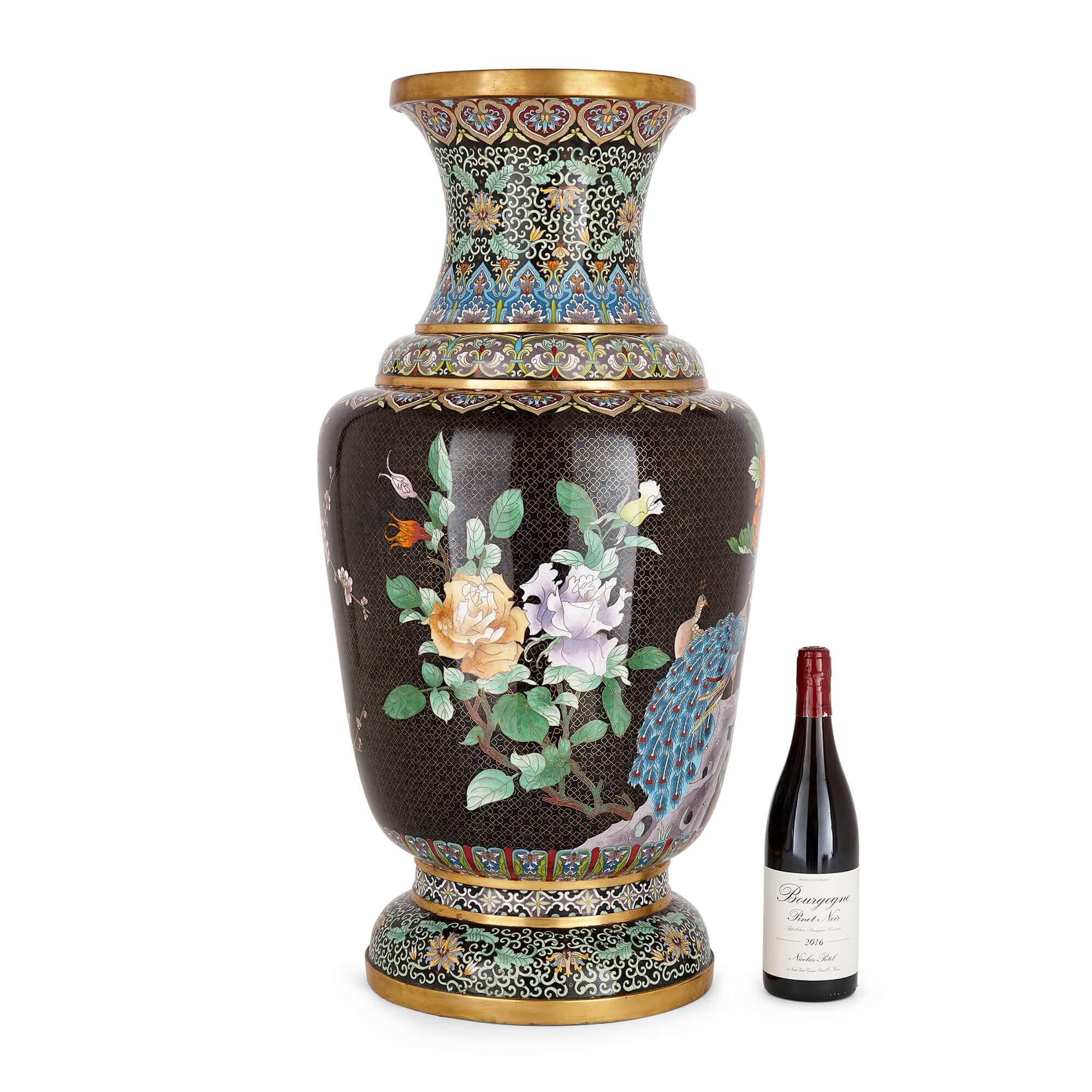 Cloissoné Pair of Large Chinese Gilt and Black Ground Cloisonné Enamel Vases For Sale