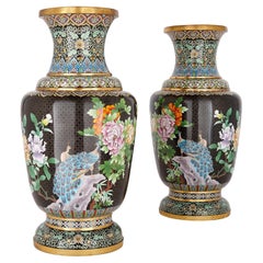 Pair of Large Chinese Gilt and Black Ground Cloisonné Enamel Vases