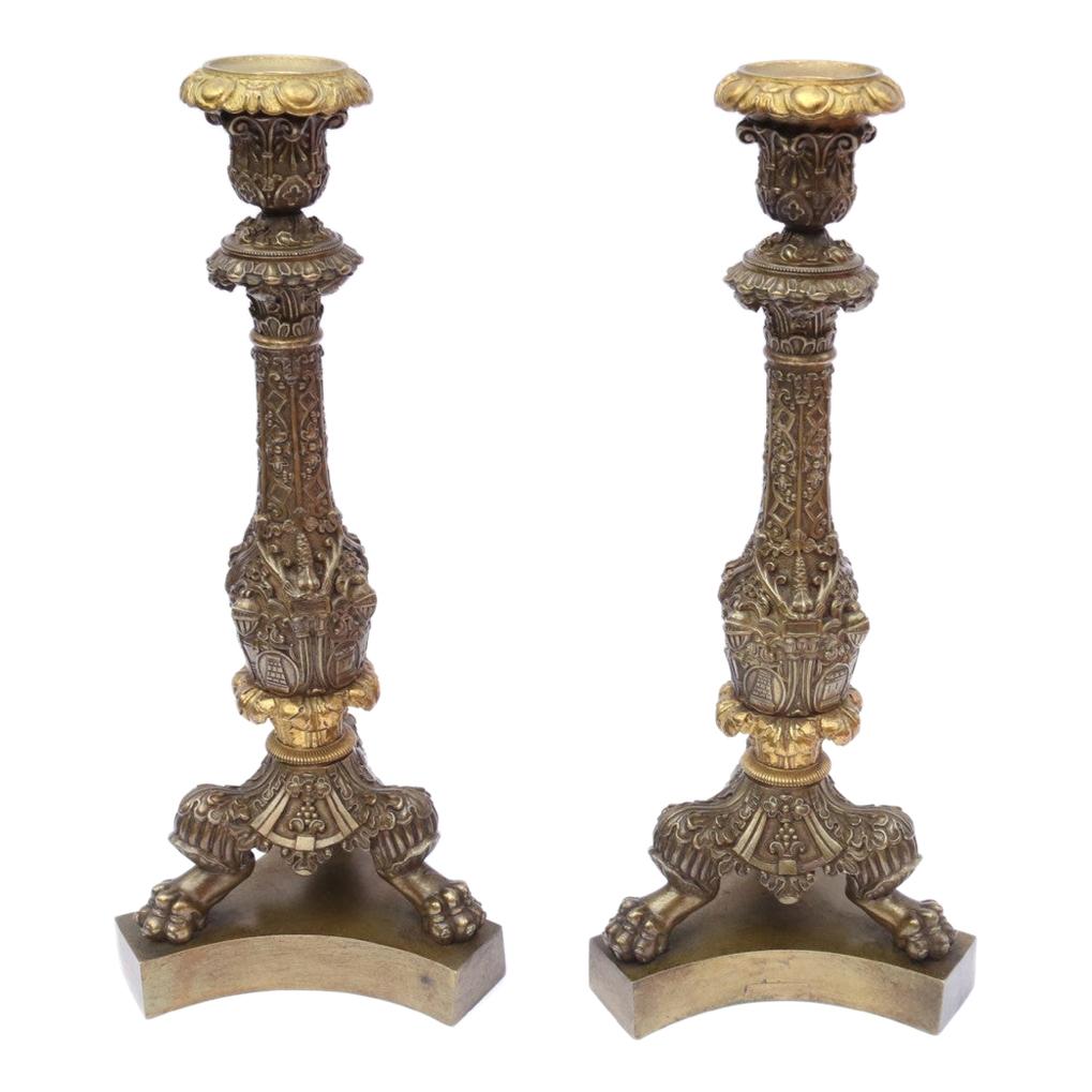 Pair of Large Classical French Mid-19th Century Cast Bronze Candlesticks For Sale