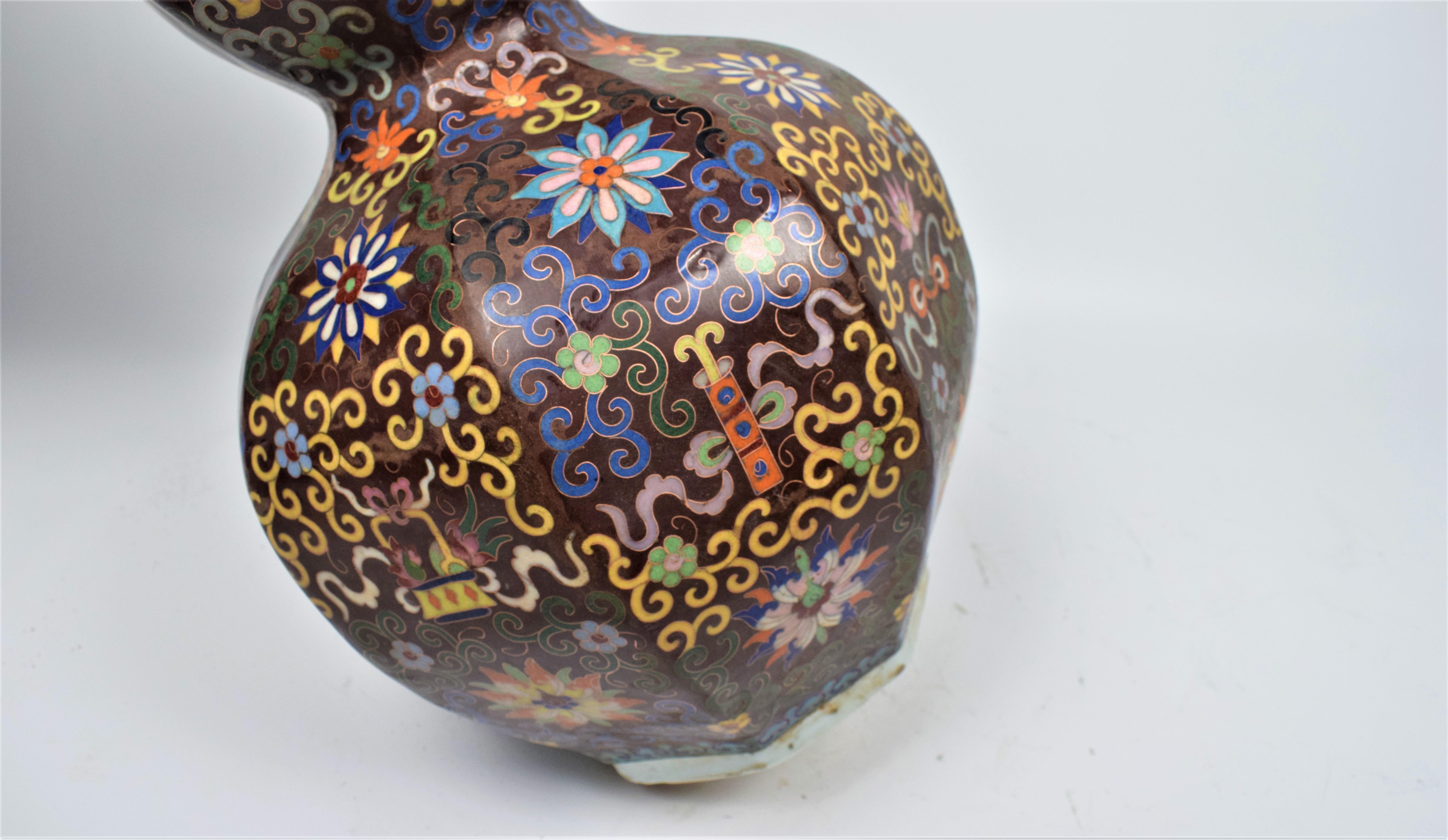 Metal Pair of Large Cloisonné Enamel Double Gourd Bottle Vases Late Qing Dynasty For Sale