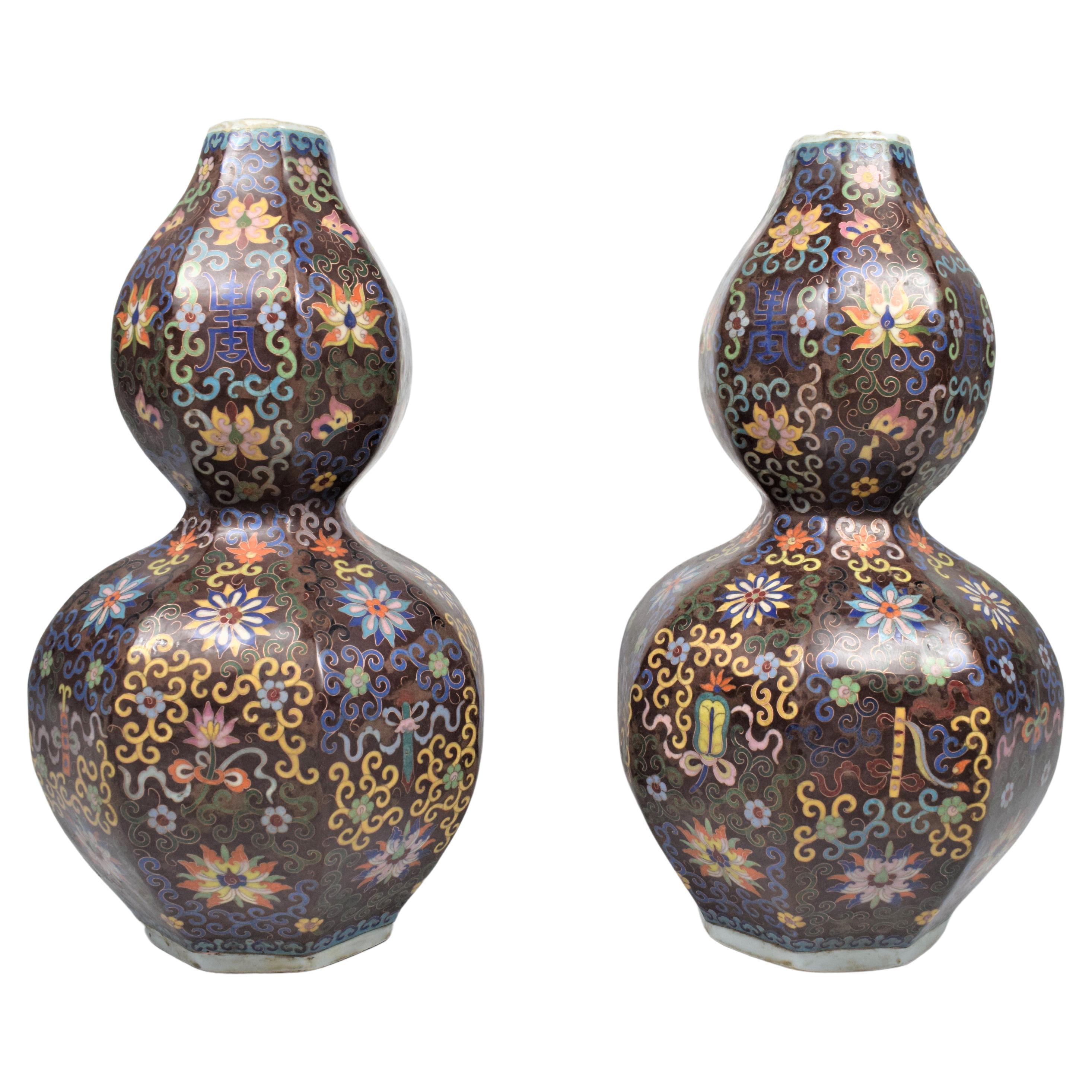 Pair of Large Cloisonné Enamel Double Gourd Bottle Vases Late Qing Dynasty For Sale