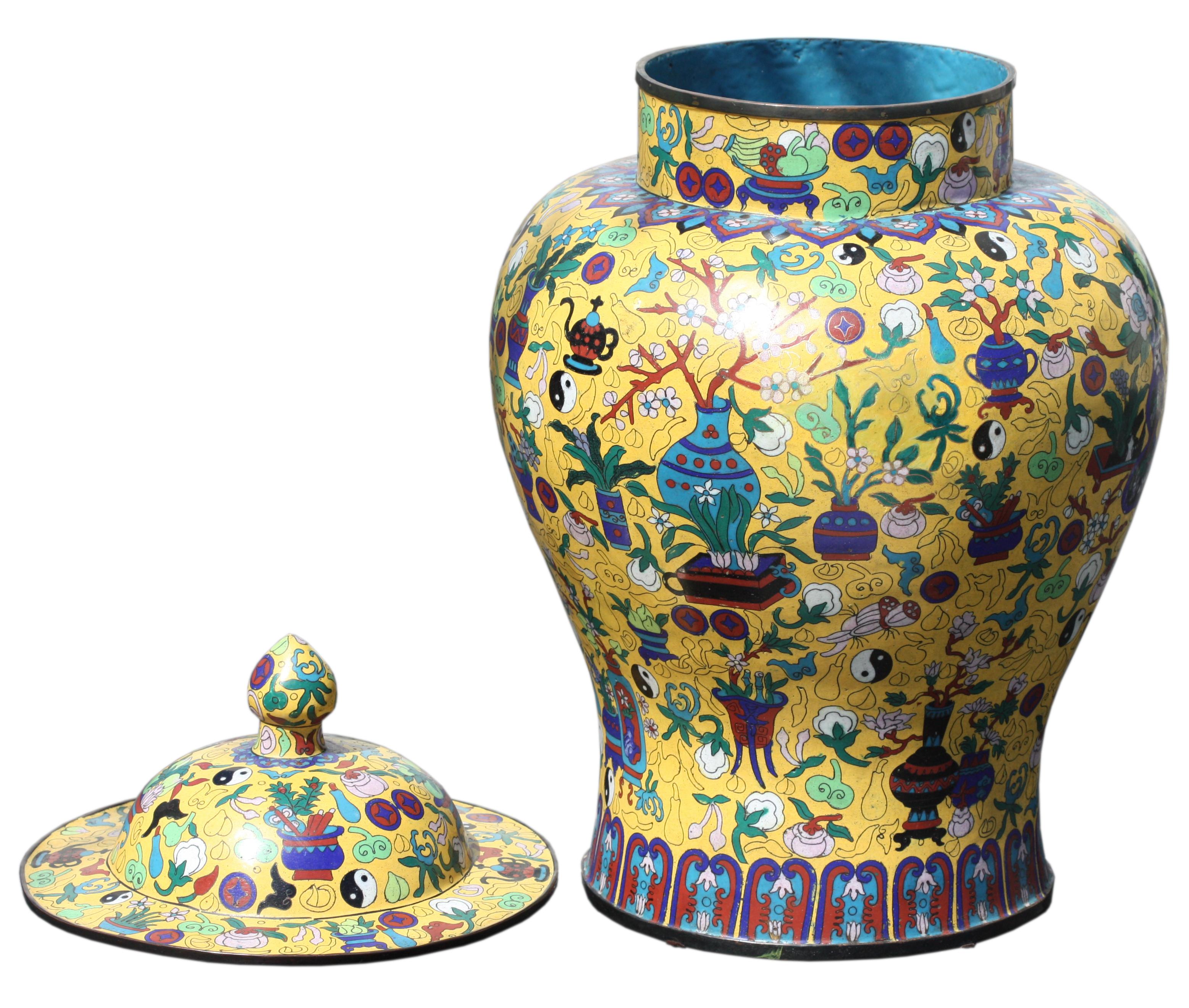 Pair of Large Cloisonne Enamel Vases and Covers Chinese, Late 20th Century For Sale 2