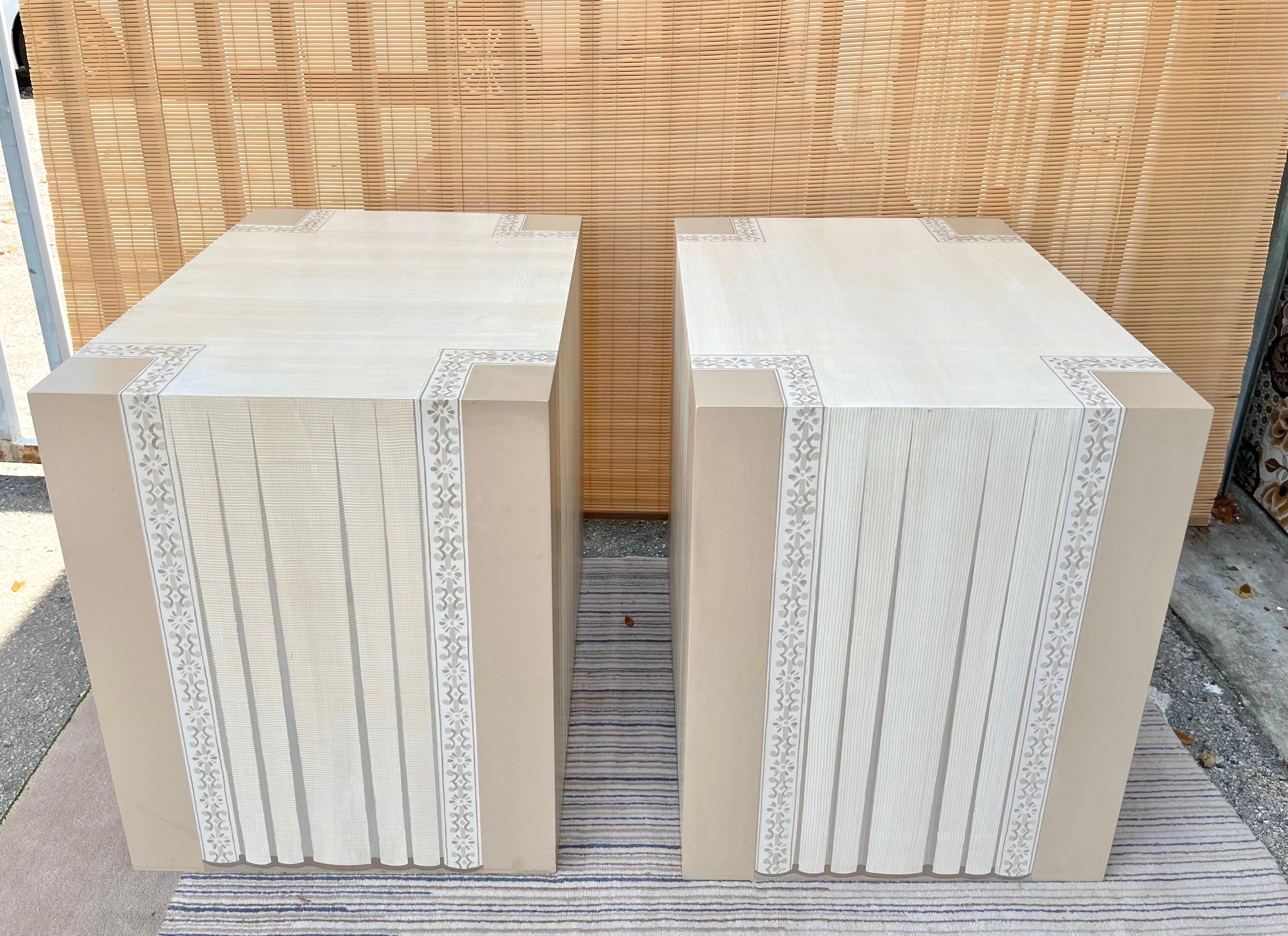 American Pair of Large Contemporary Custom Crafte Grasscloth Pedestals / Accent Tables For Sale