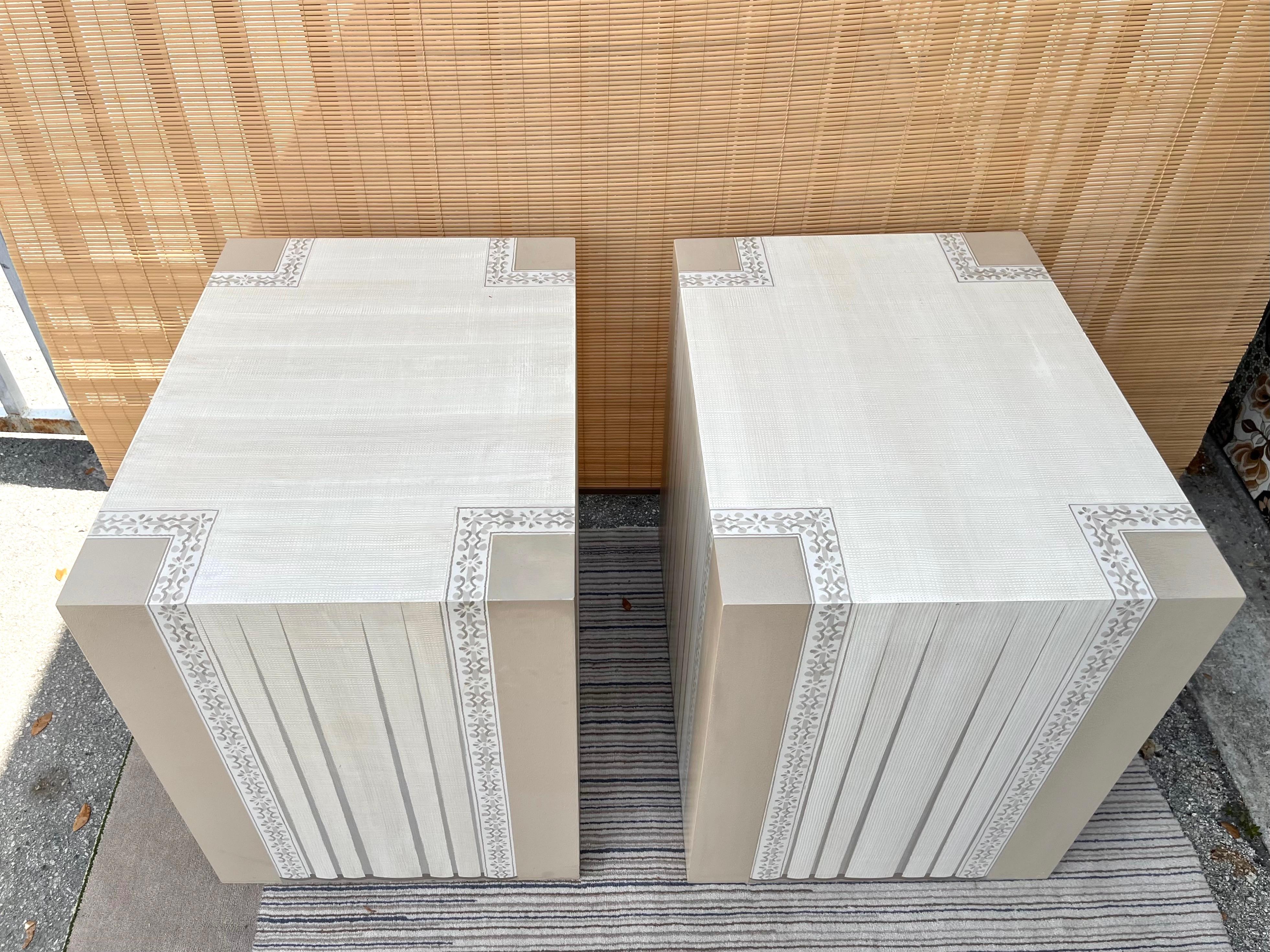 Painted Pair of Large Contemporary Custom Crafte Grasscloth Pedestals / Accent Tables For Sale