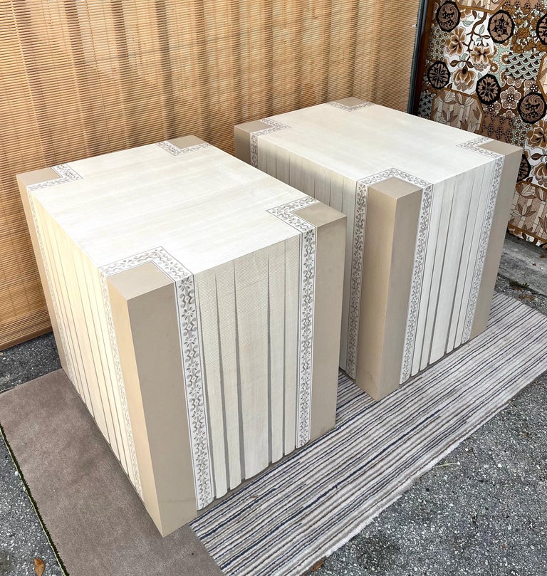 Pair of Large Contemporary Custom Crafte Grasscloth Pedestals / Accent