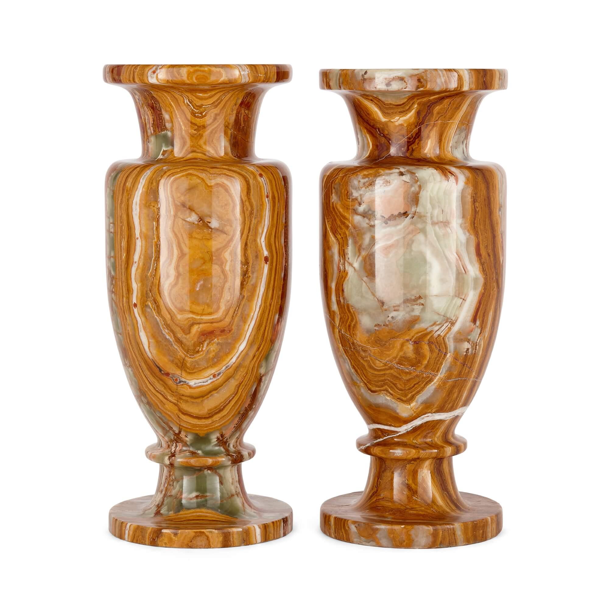 Modern Pair of Large Decorative Vases in Red and Green Onyx For Sale
