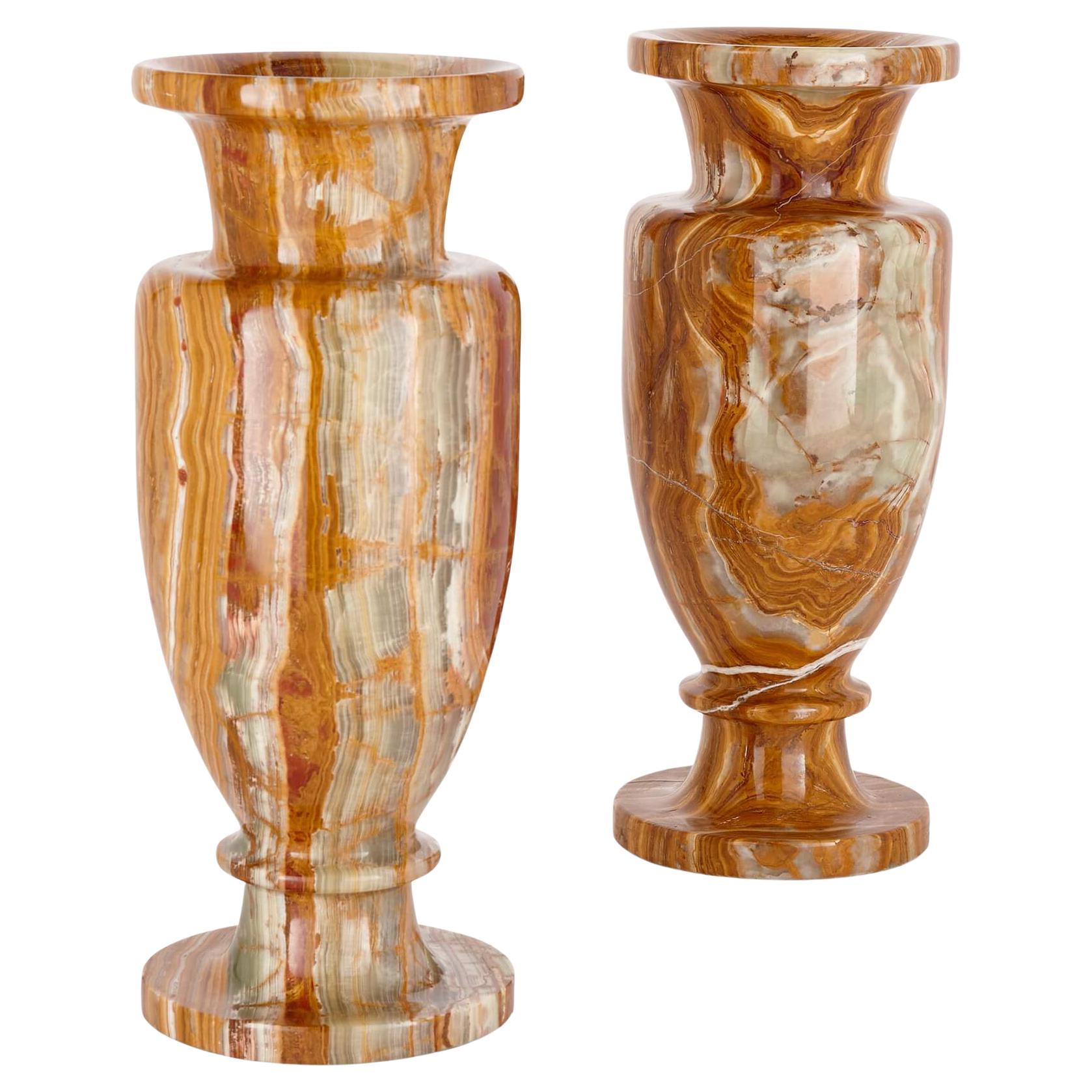 Pair of Large Decorative Vases in Red and Green Onyx For Sale