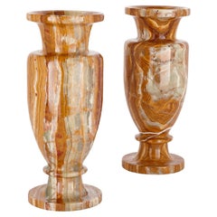 Pair of Large Decorative Vases in Red and Green Onyx