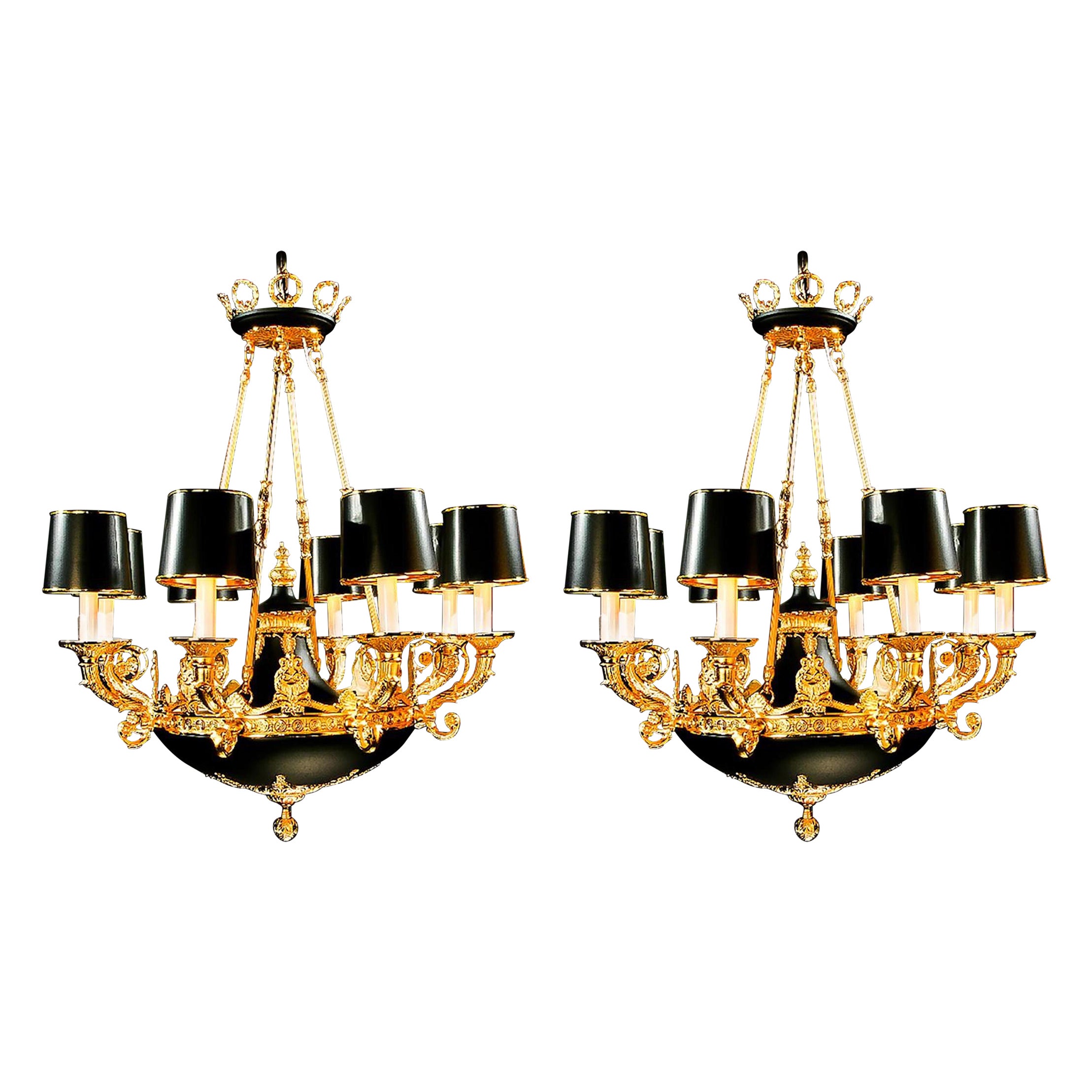 A Pair of Large Empire Style 8 Arm Dore Bronze Chandeliers For Sale