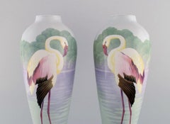 Pair of Large Faience Vases with Hand-Painted Flamingos, 1930s