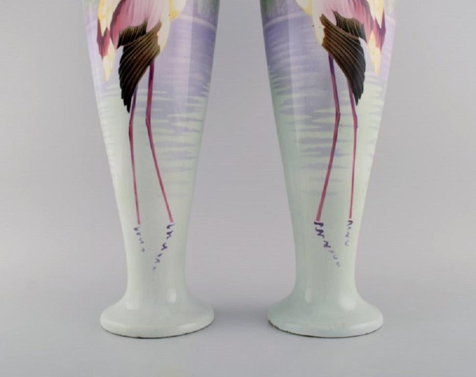 Unknown Pair of Large Faience Vases with Hand-Painted Flamingos, 1930s For Sale