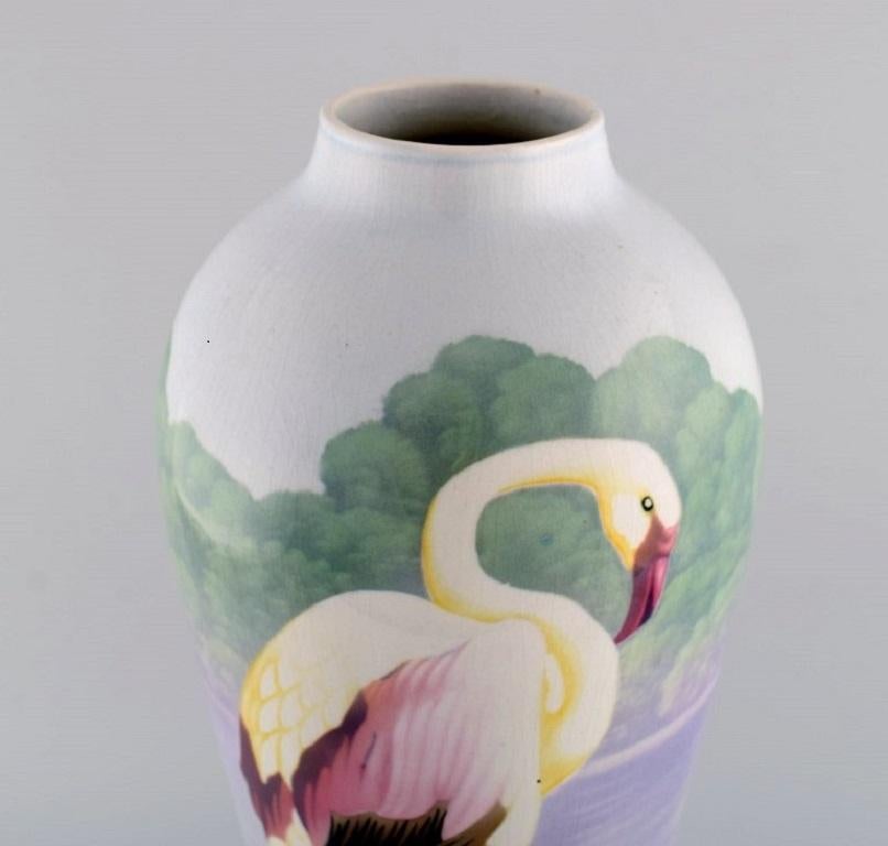Mid-20th Century Pair of Large Faience Vases with Hand-Painted Flamingos, 1930s For Sale