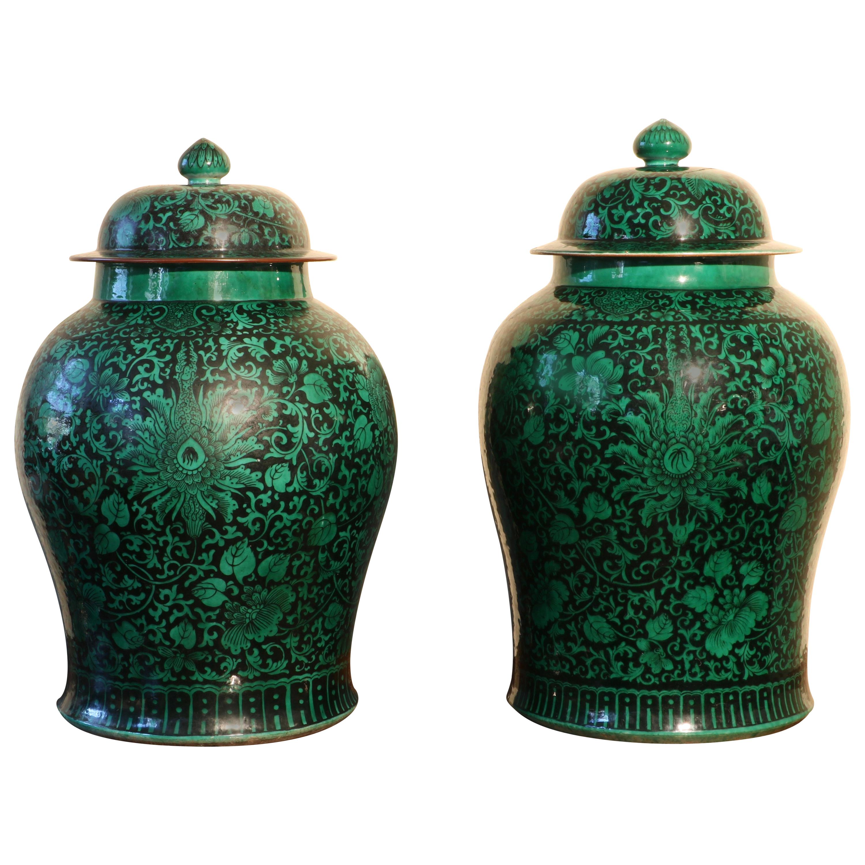 Pair of Large Famille Noire Baluster Vases and Covers, 18th-19th Century For Sale