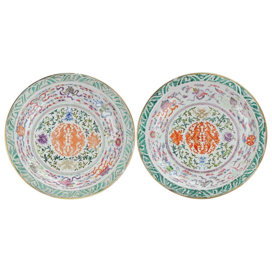 Pair of Large Famille Rose 'Phoenix and Buddhist Emblems' Chargers 19th Century For Sale