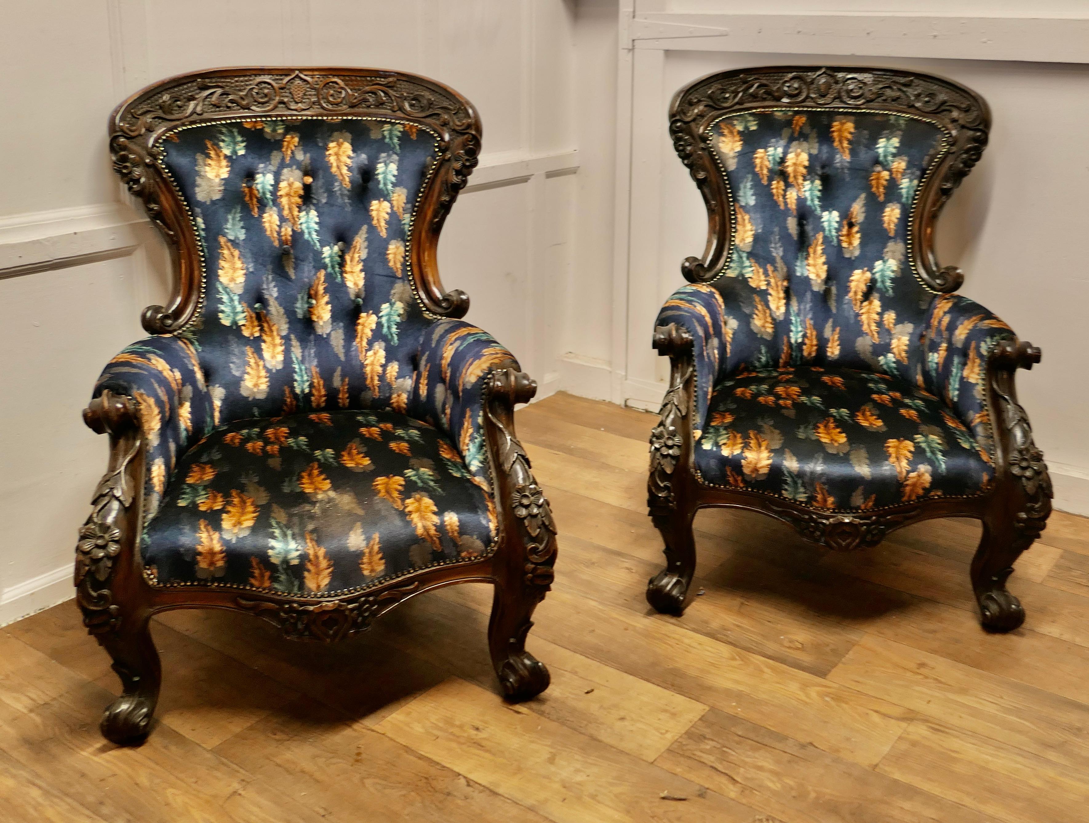 Chinoiserie A Pair of Large Franco Chinese Carved Salon Chairs   For Sale